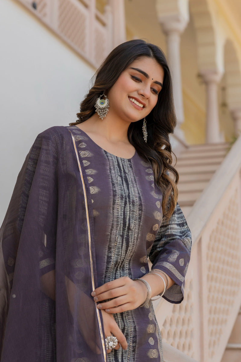 Grey Printed Chanderi Suit with Dupatta