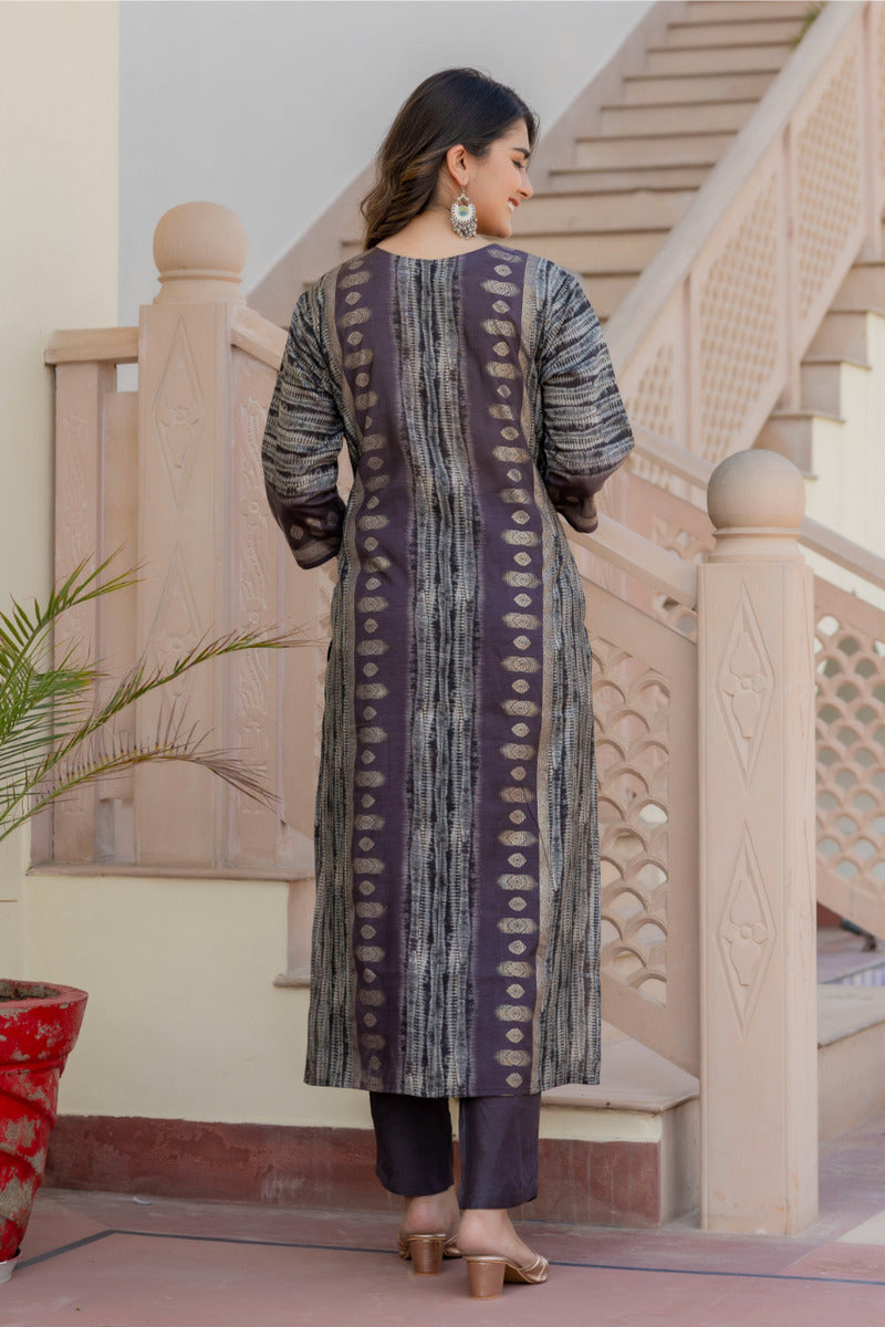 Grey Printed Chanderi Suit with Dupatta