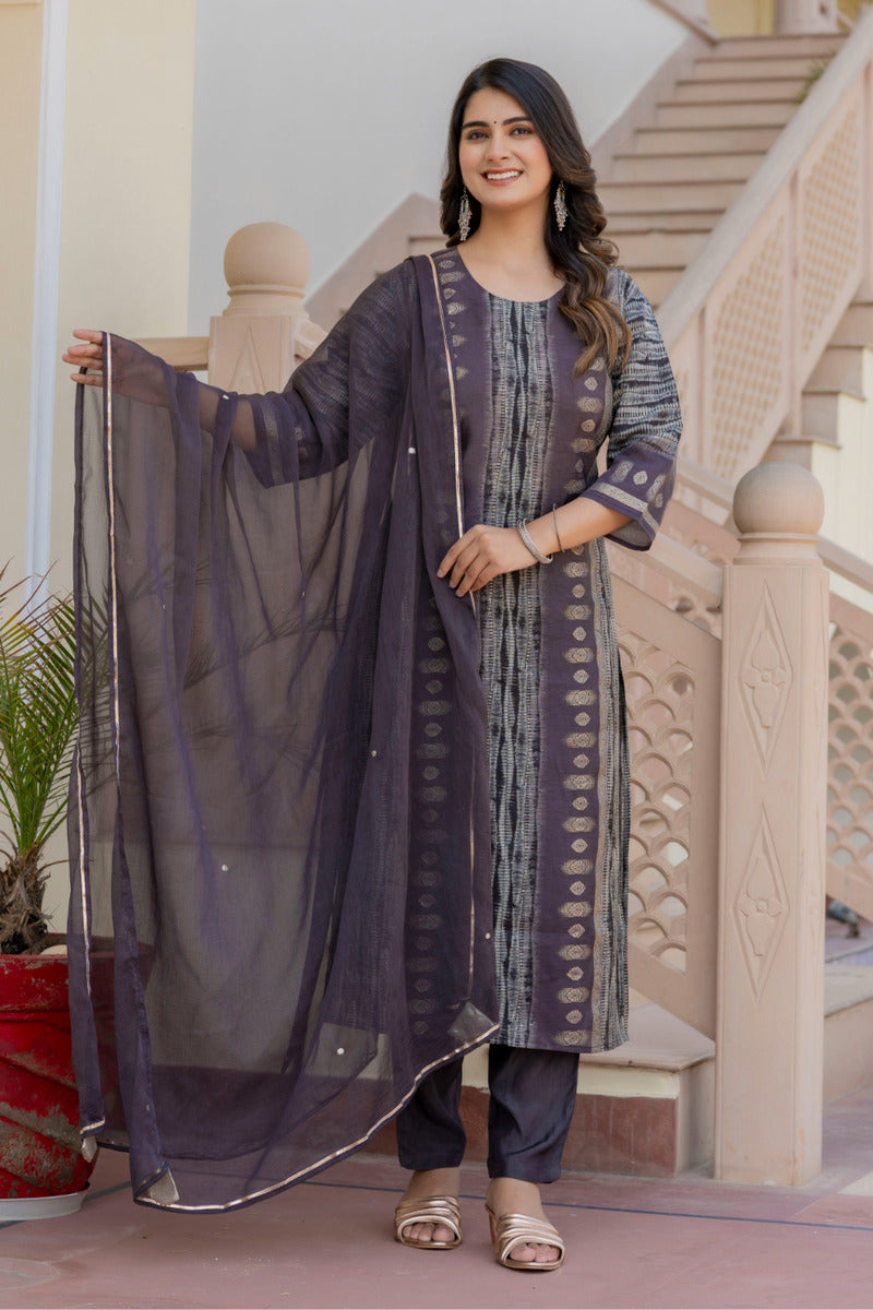 Grey Printed Chanderi Suit with Dupatta