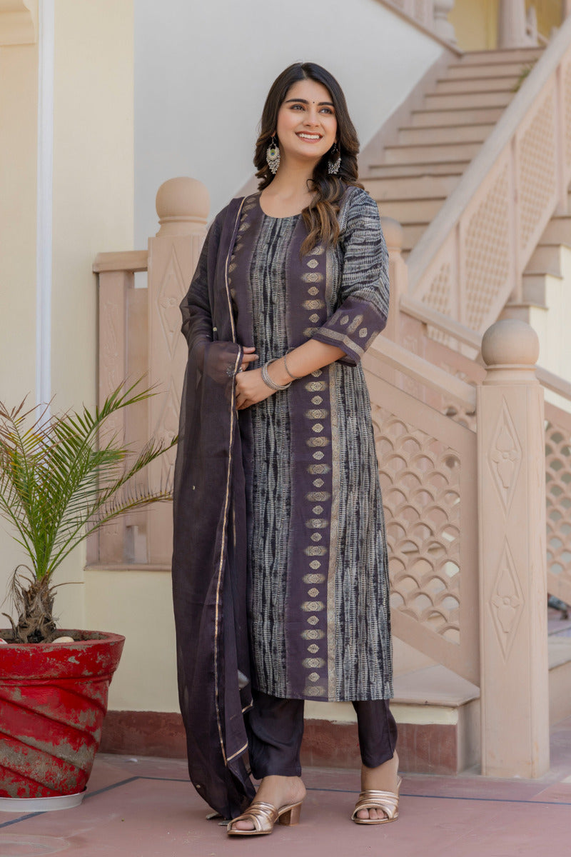 Grey Printed Chanderi Suit with Dupatta