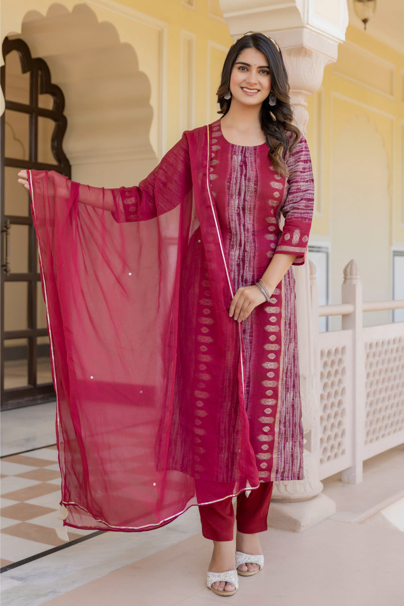 Red Printed Chanderi Suit with Dupatta