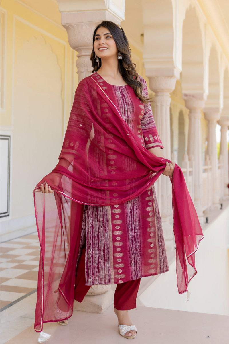 Red Printed Chanderi Suit with Dupatta