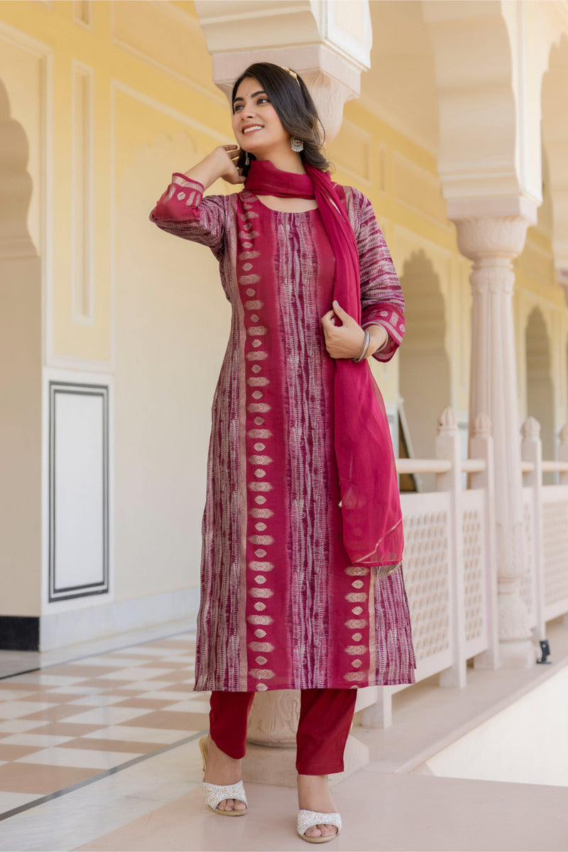 Red Printed Chanderi Suit with Dupatta