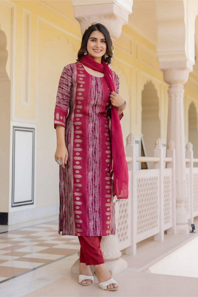 Red Printed Chanderi Suit with Dupatta