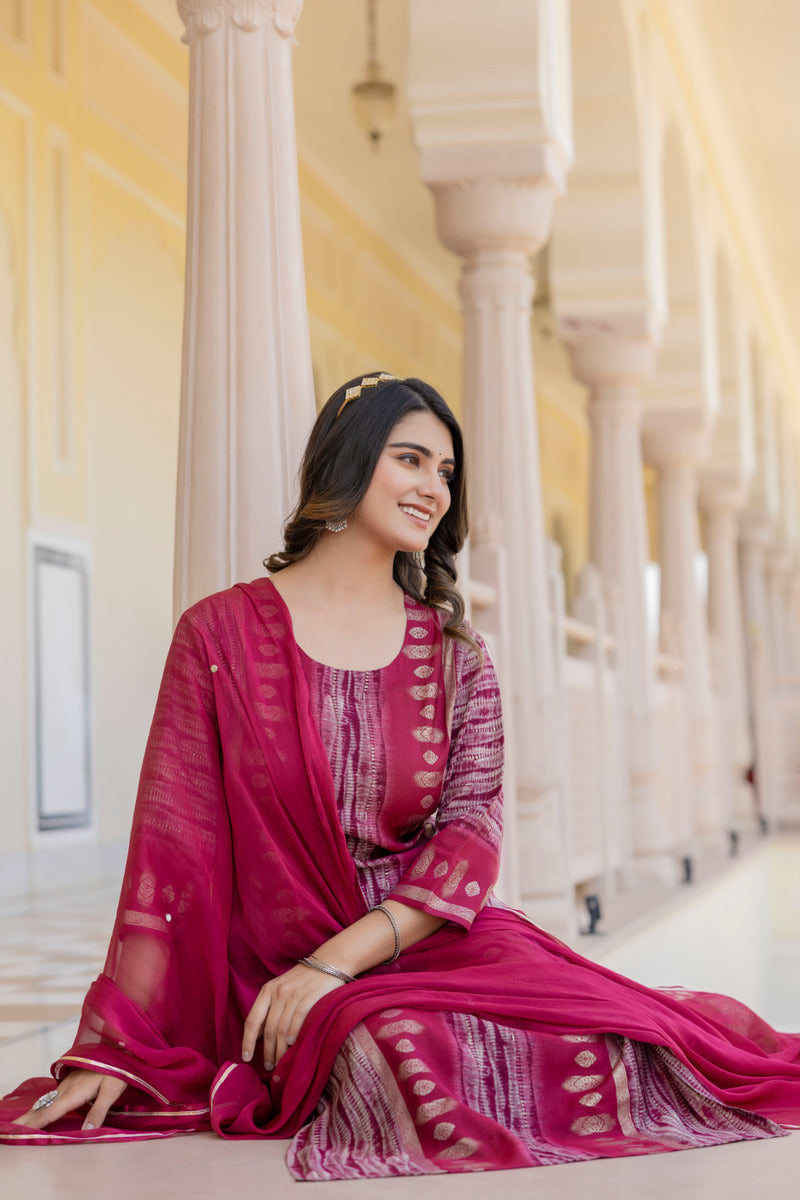 Red Printed Chanderi Suit with Dupatta