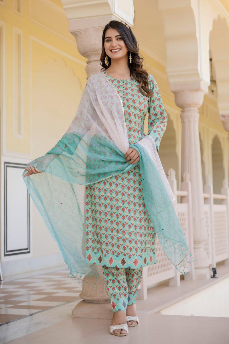 Blue Printed Chanderi Suit with Dupatta