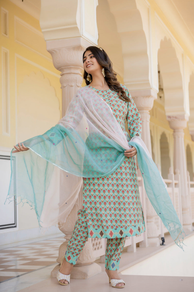 Blue Printed Chanderi Suit with Dupatta