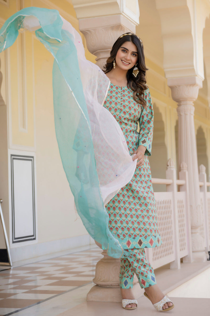 Blue Printed Chanderi Suit with Dupatta