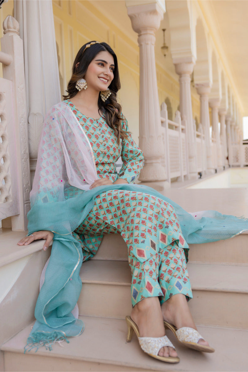 Blue Printed Chanderi Suit with Dupatta