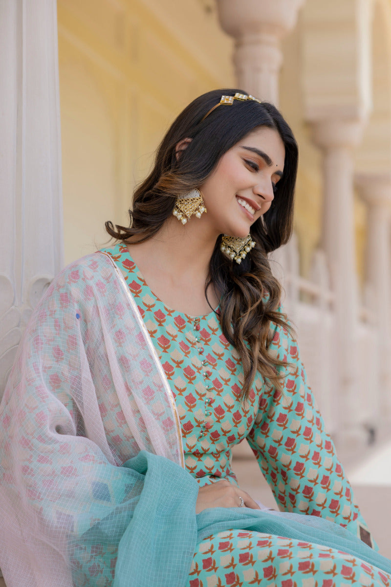 Blue Printed Chanderi Suit with Dupatta