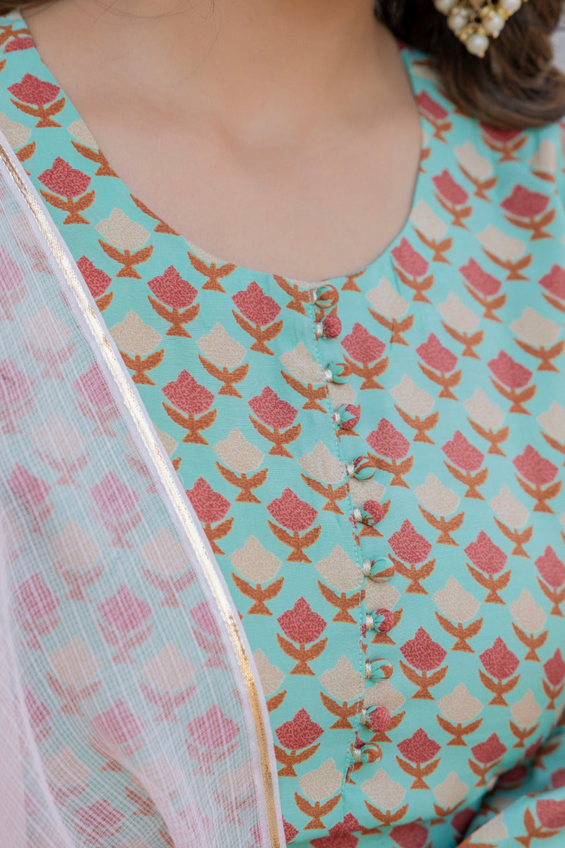 Blue Printed Chanderi Suit with Dupatta