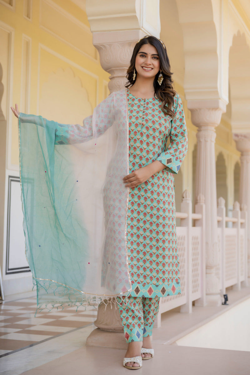 Blue Printed Chanderi Suit with Dupatta