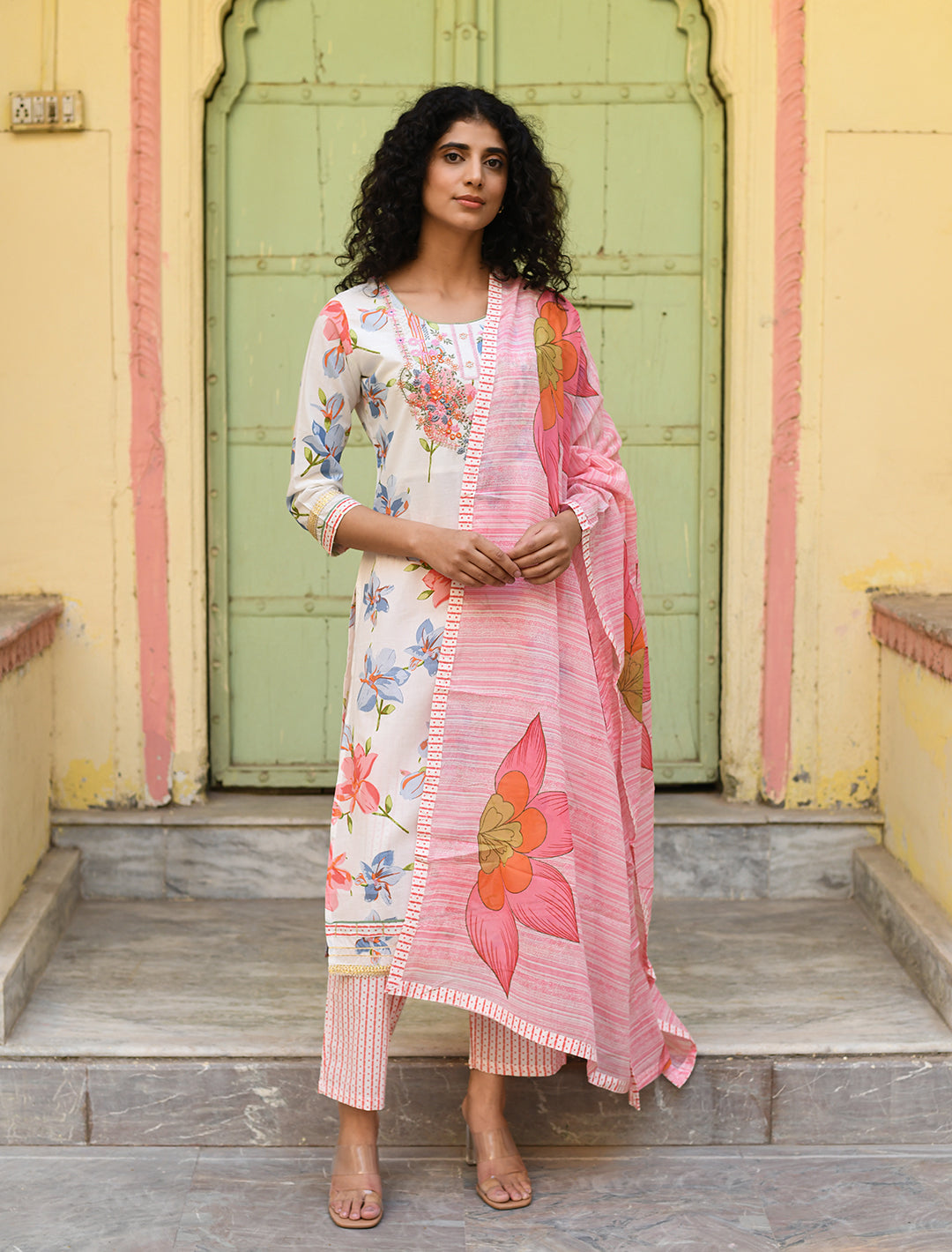 White Embroidered Cotton Suit with Dupatta