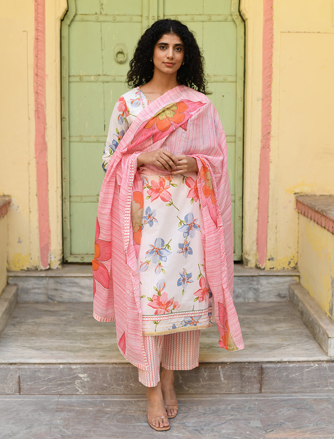 White Embroidered Cotton Suit with Dupatta