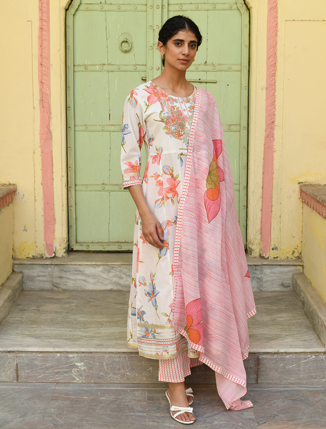 White Embroidered Cotton Suit with Dupatta