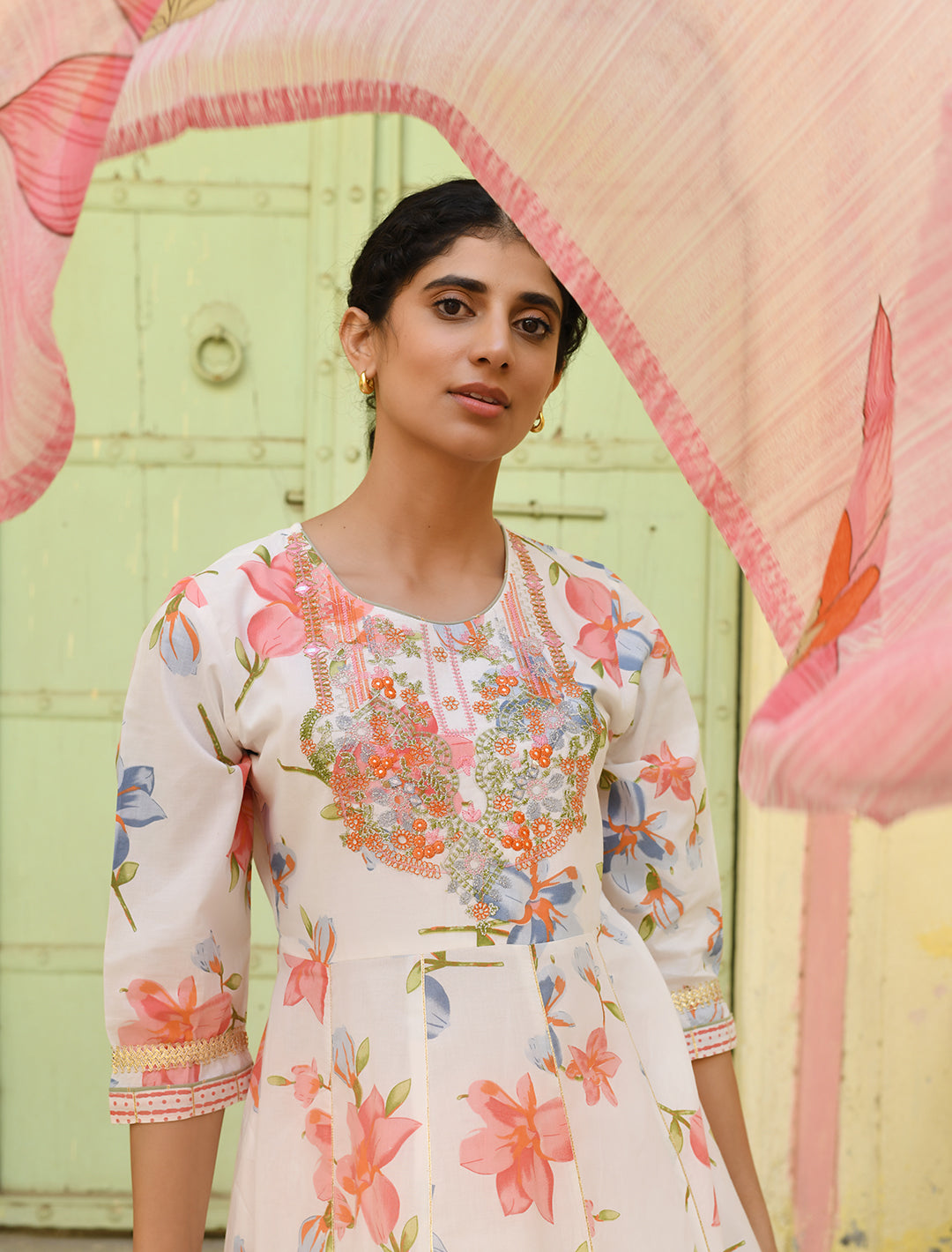 White Embroidered Cotton Suit with Dupatta