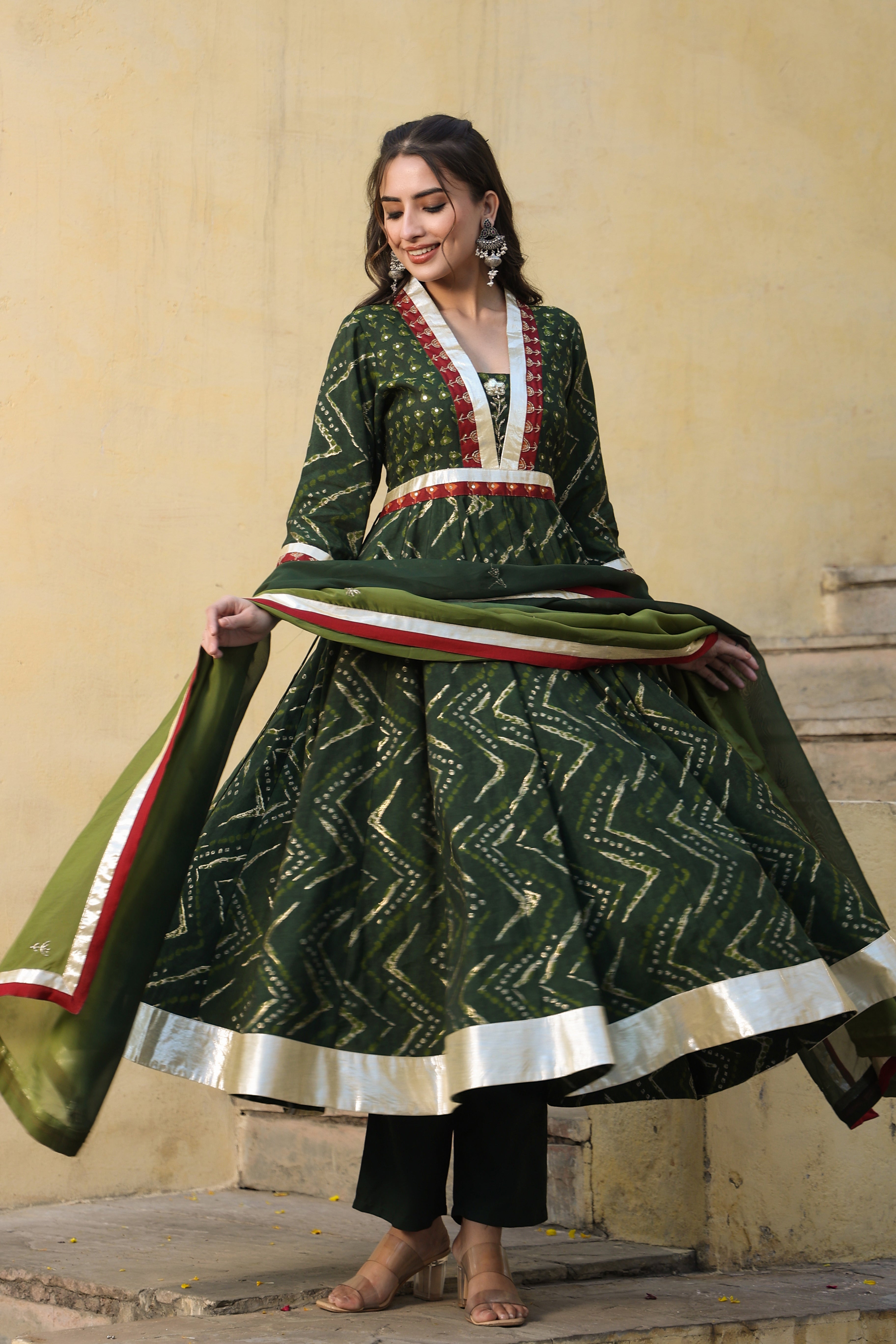 Green Printed Chanderi Suit with Dupatta