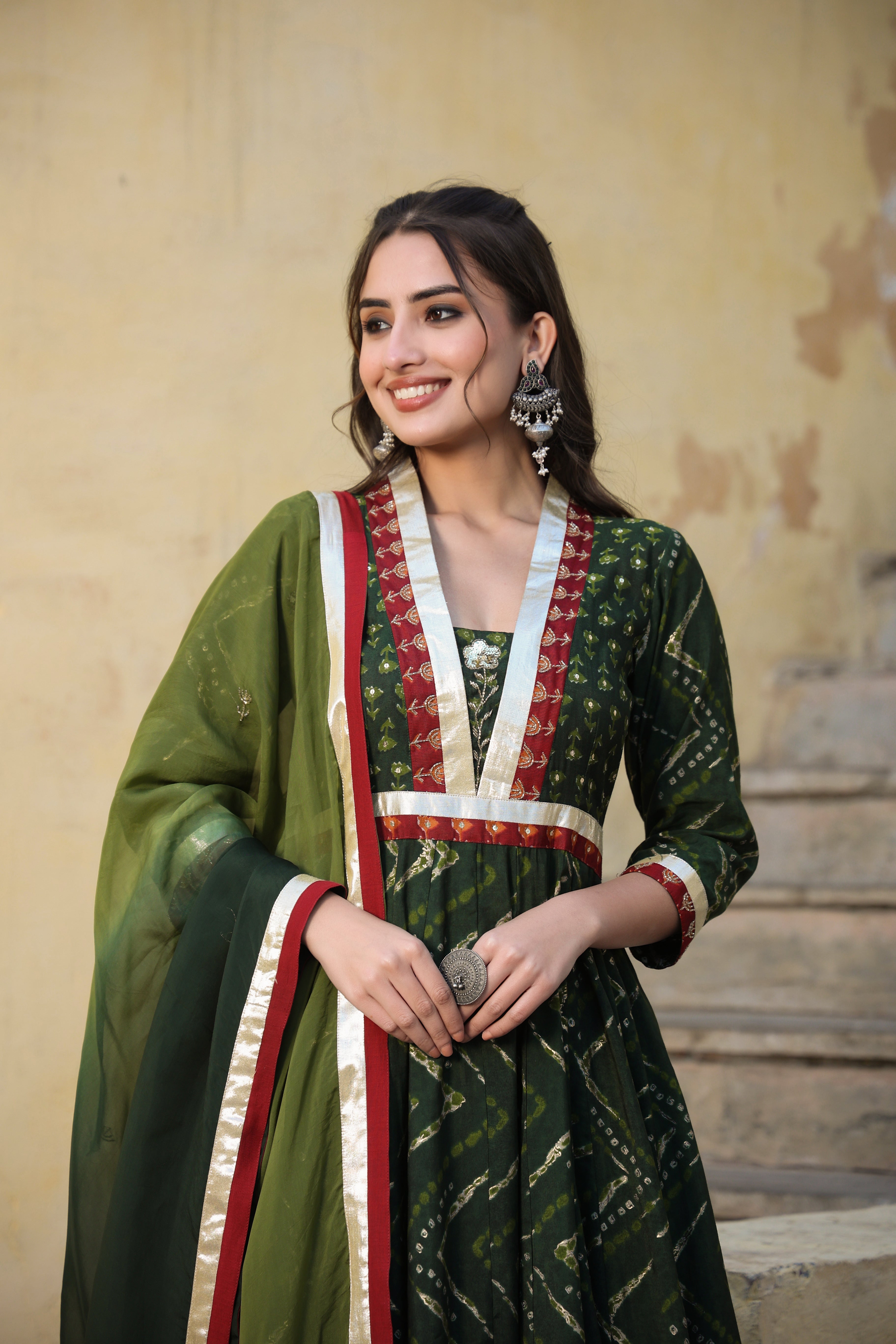 Green Printed Chanderi Suit with Dupatta