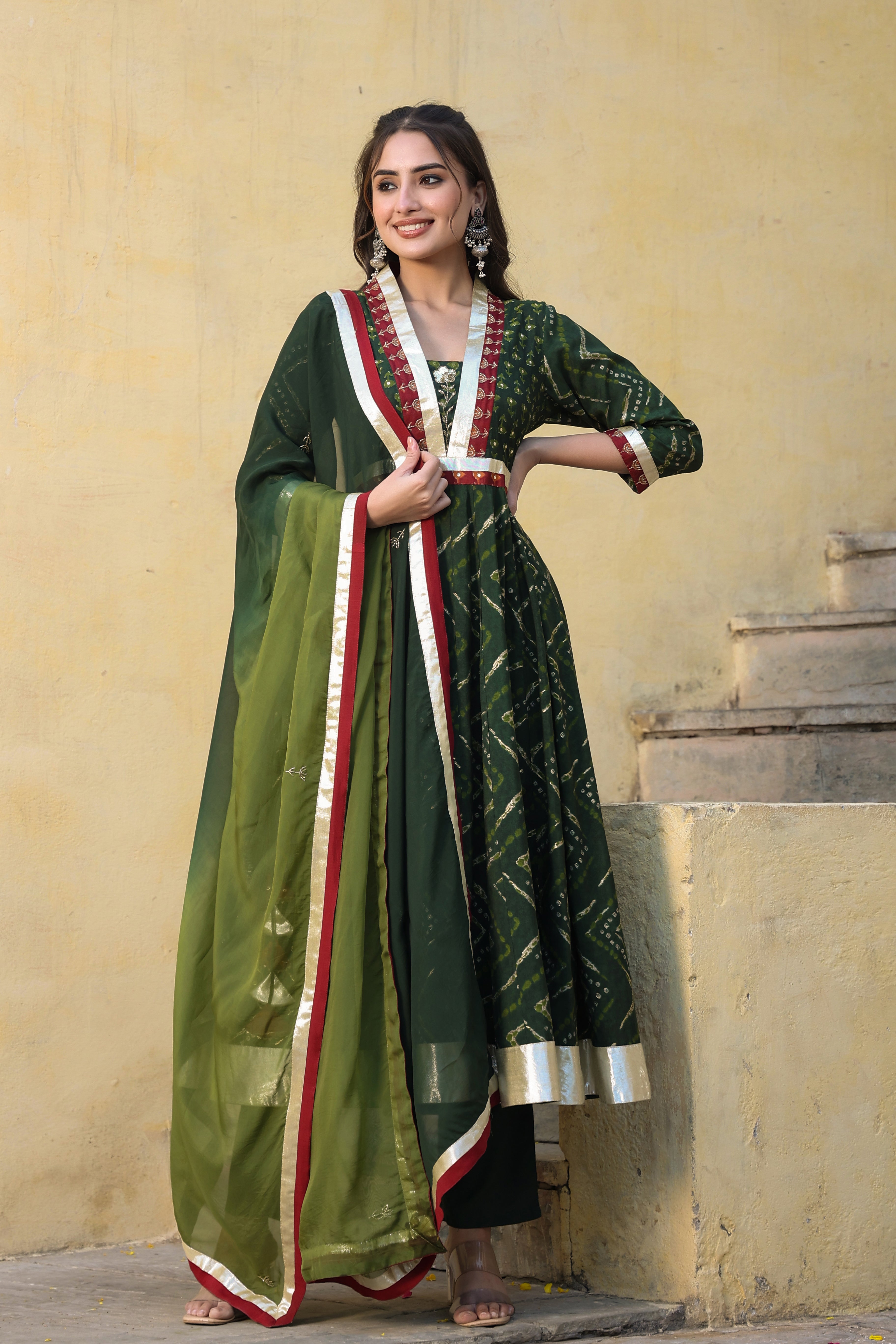 Green Printed Chanderi Suit with Dupatta