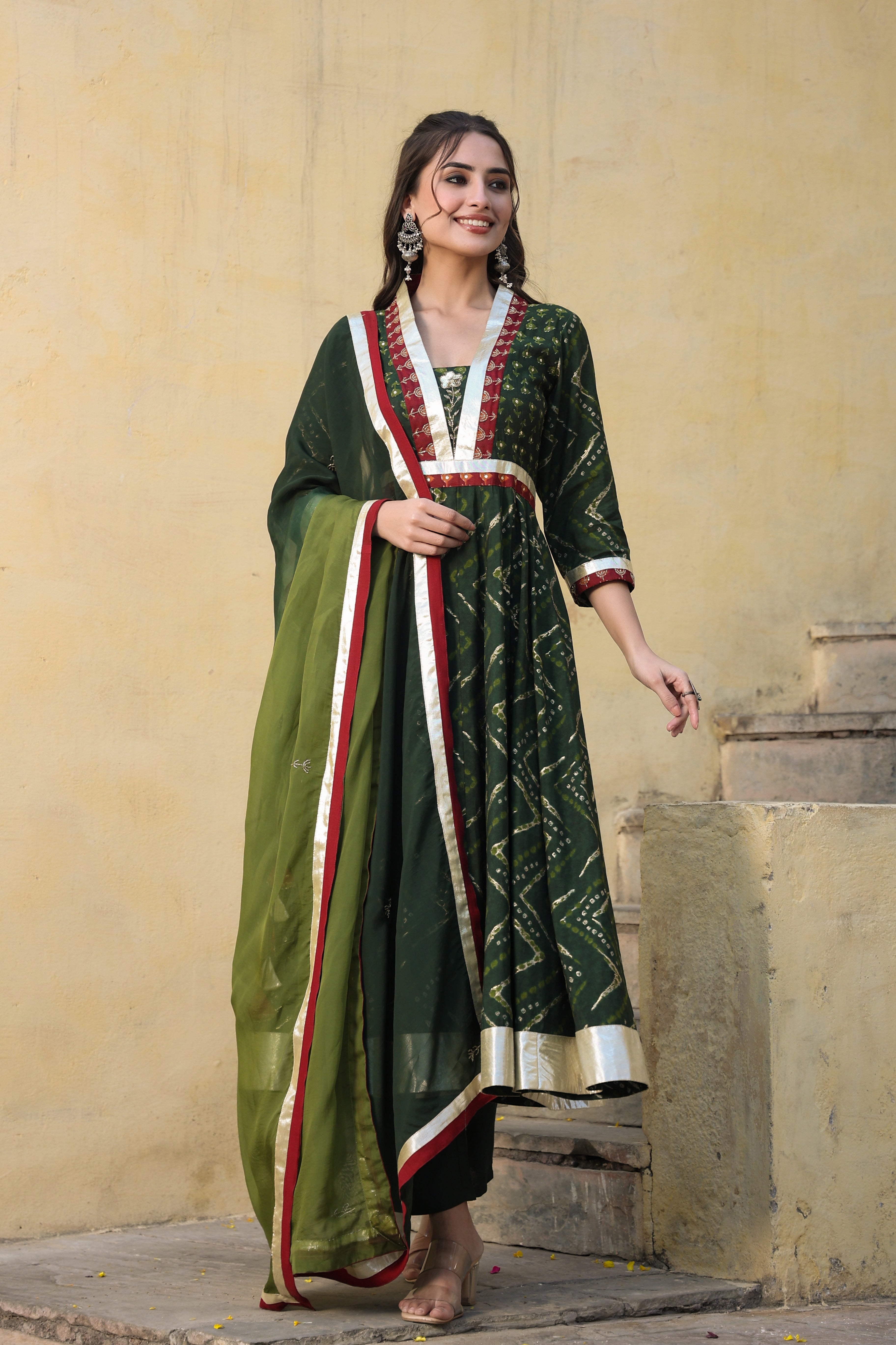 Green Printed Chanderi Suit with Dupatta