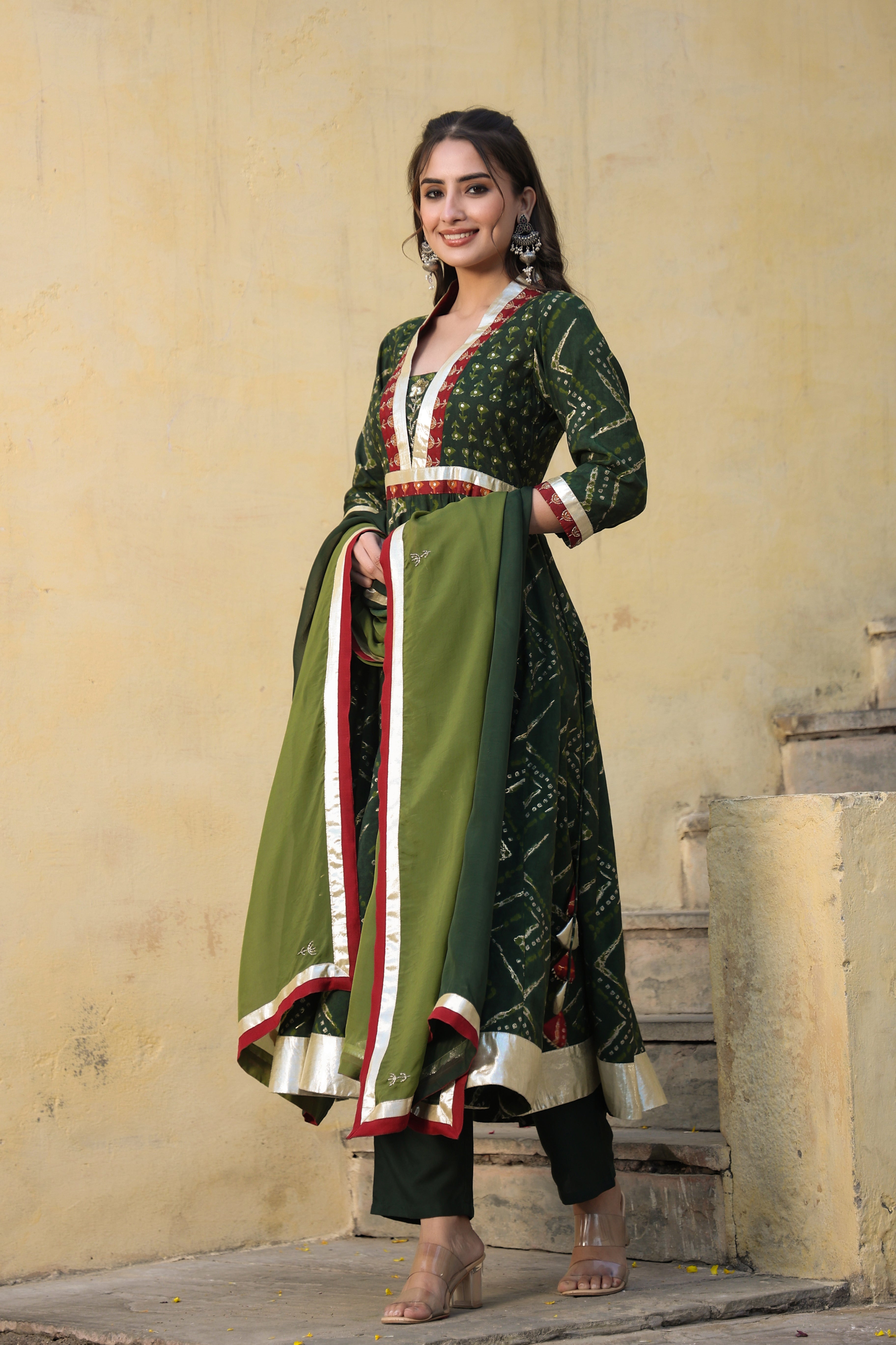 Green Printed Chanderi Suit with Dupatta