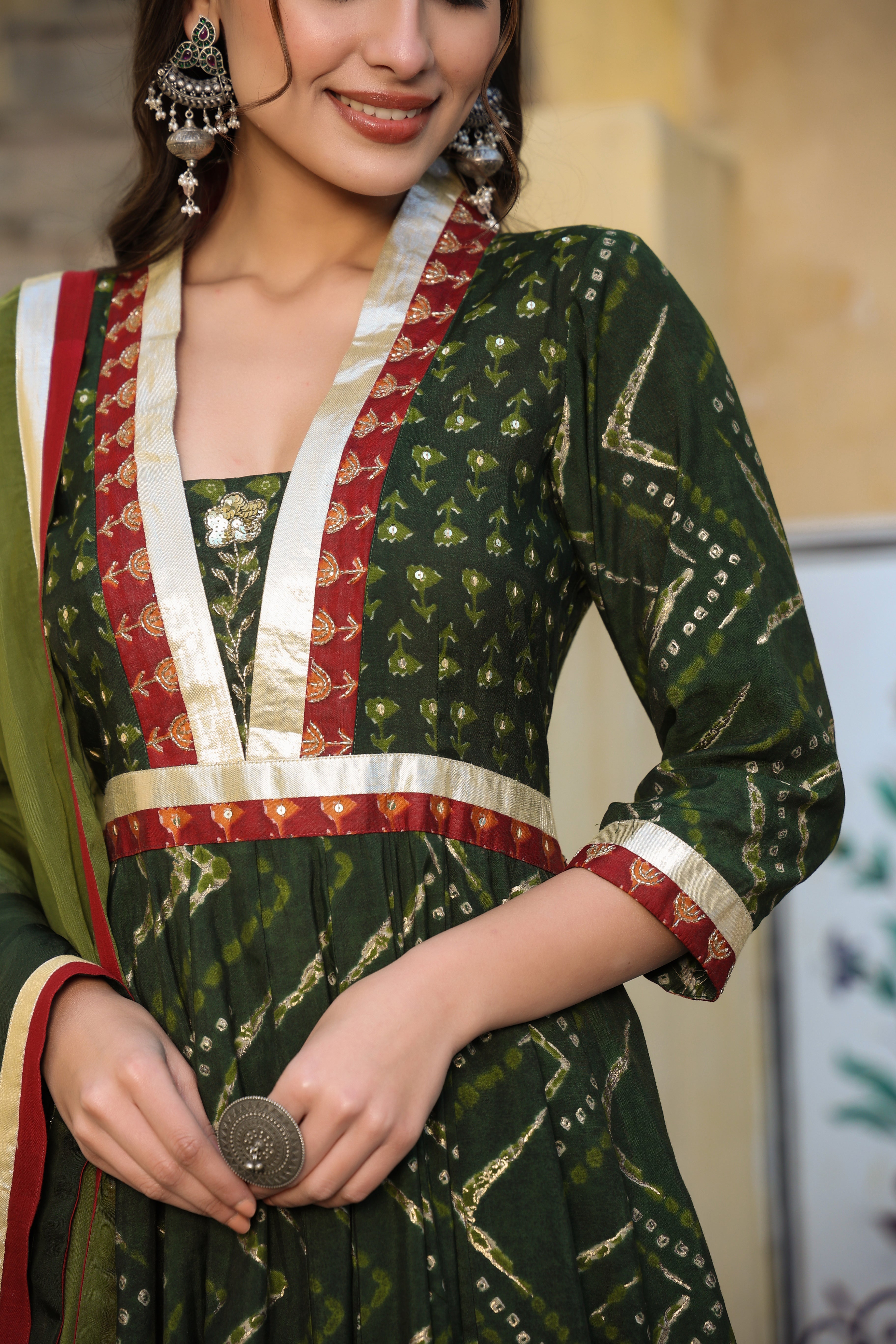 Green Printed Chanderi Suit with Dupatta