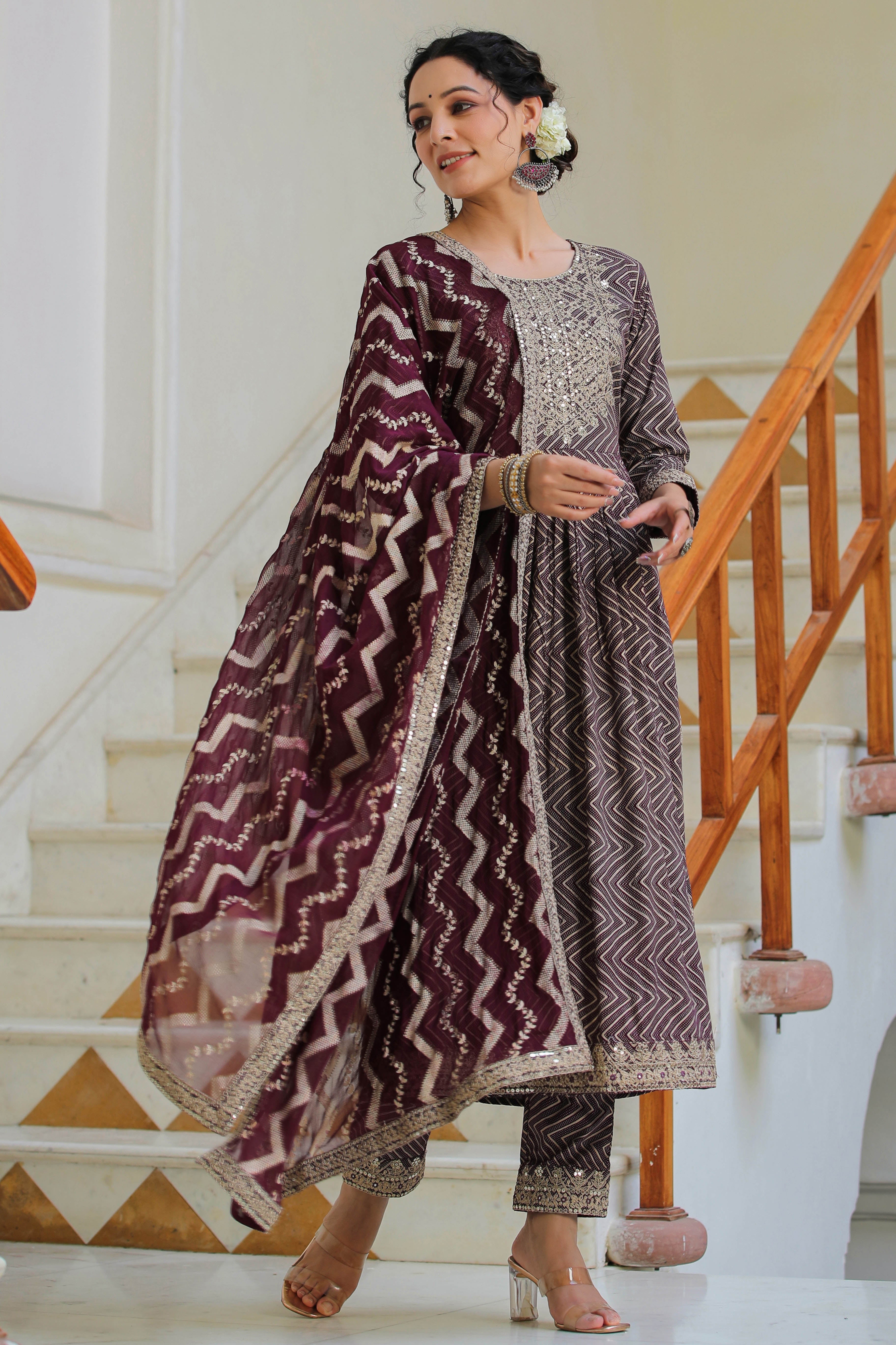 Wine Embroidered Rayon Suit with Dupatta