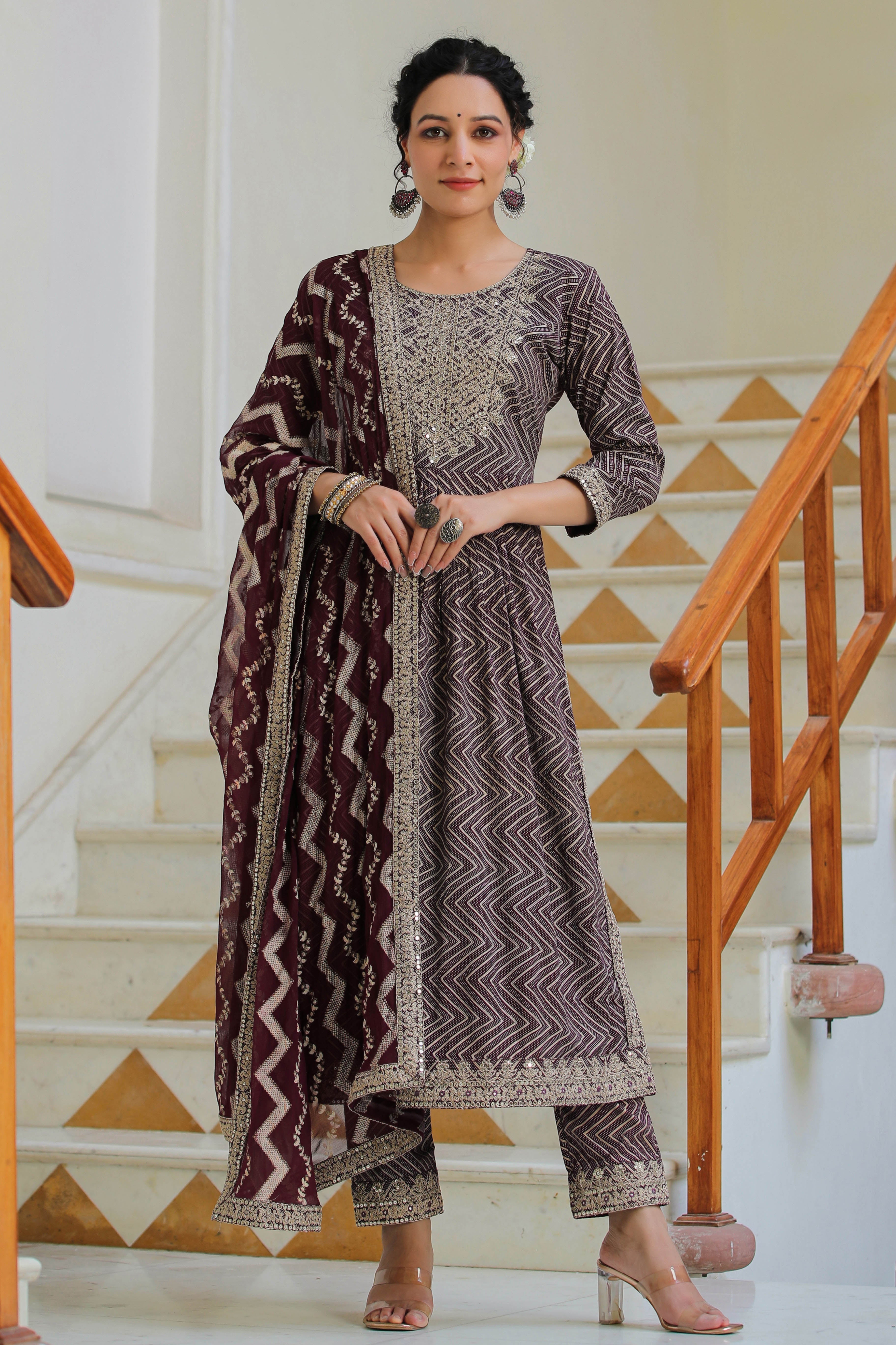 Wine Embroidered Rayon Suit with Dupatta