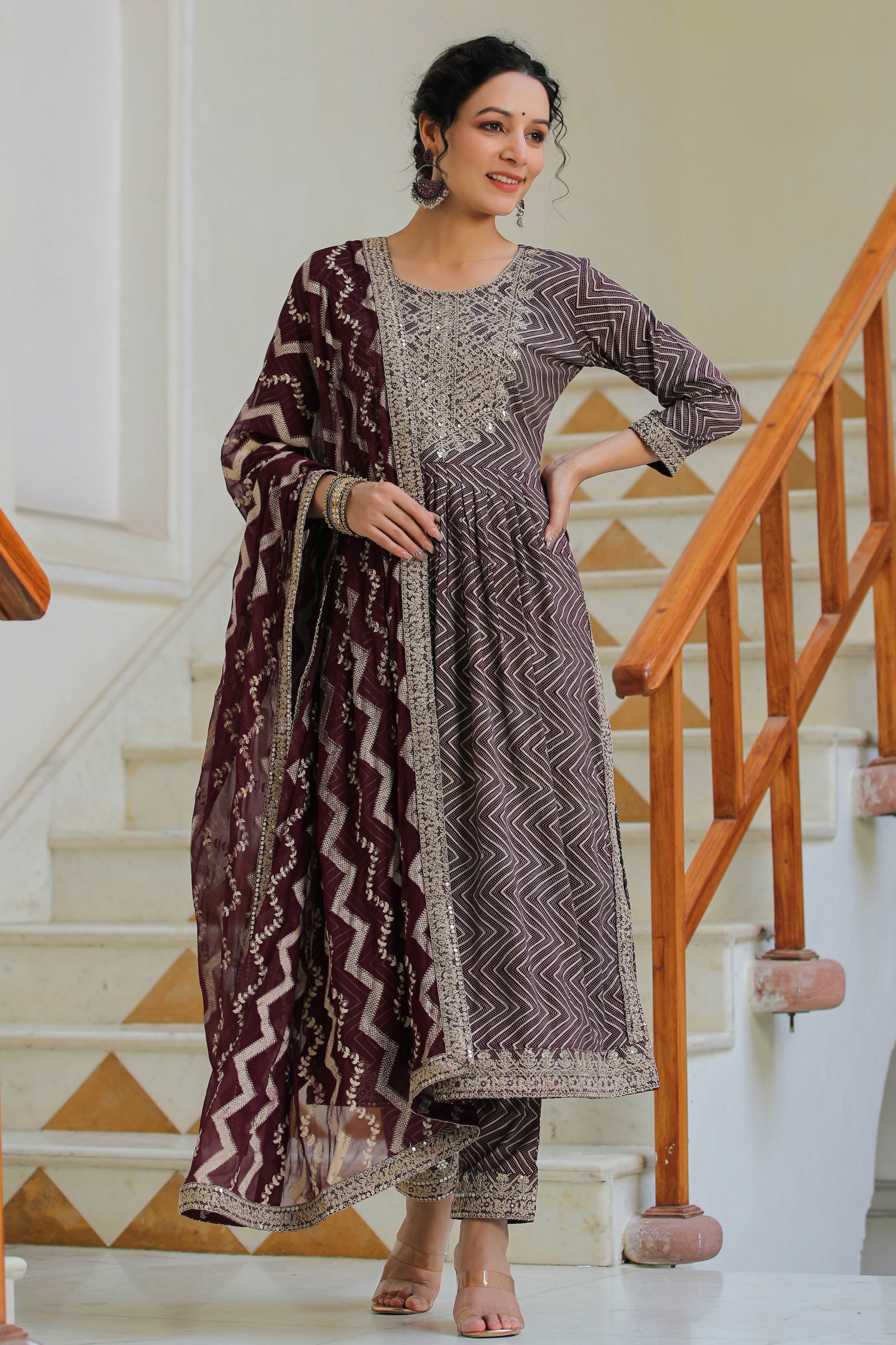 Wine Embroidered Rayon Suit with Dupatta