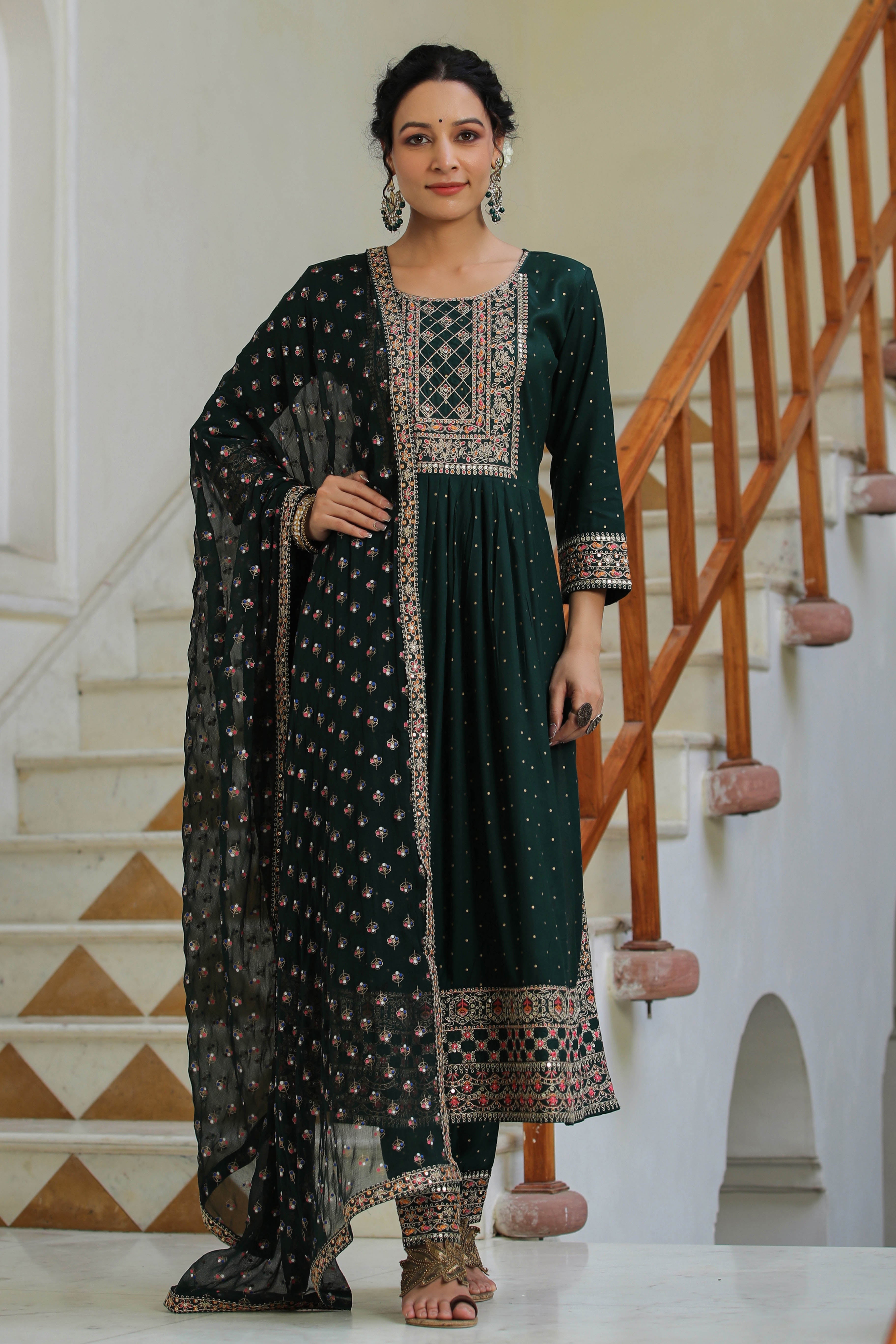 Green Embroidered Rayon Suit with Dupatta