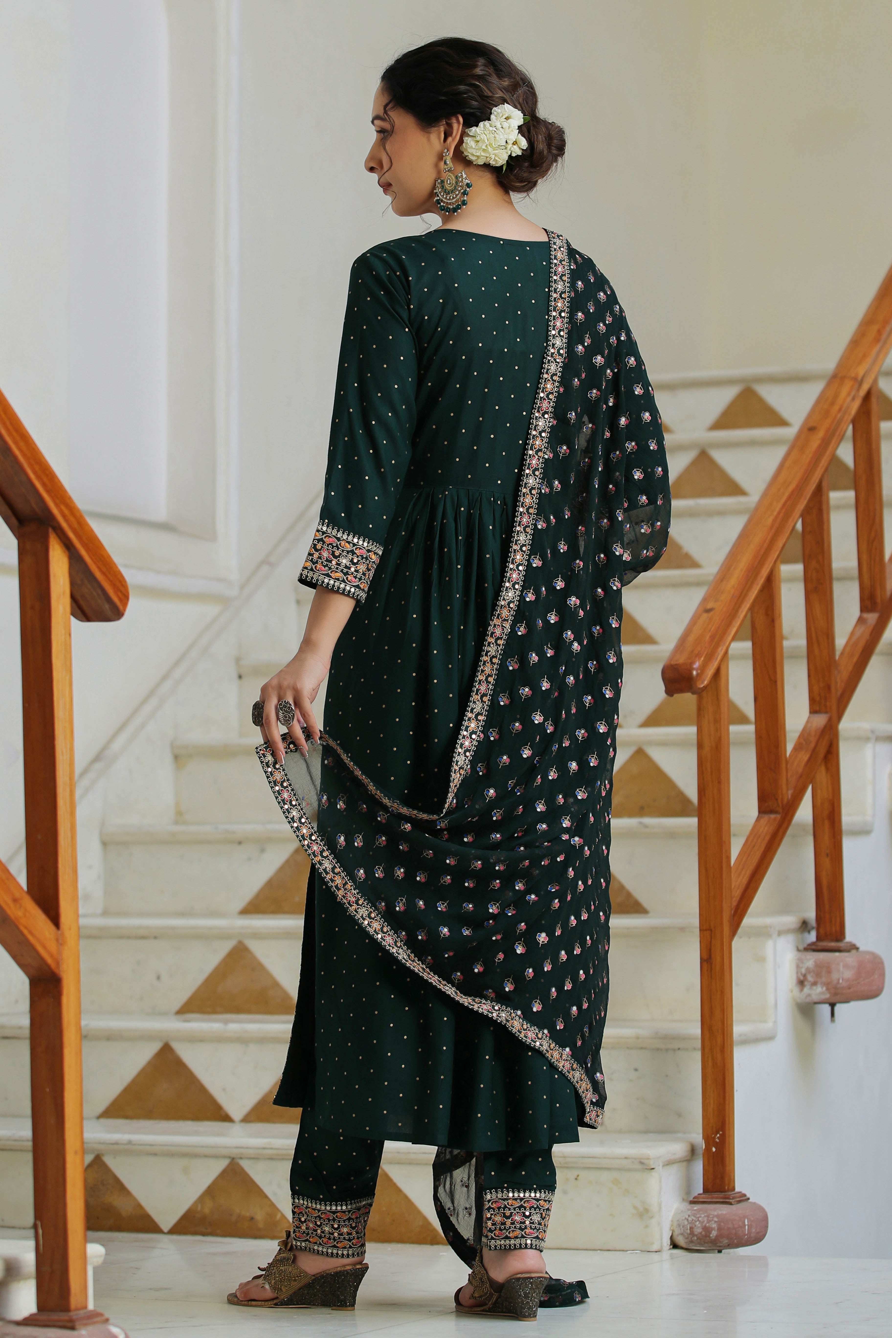 Green Embroidered Rayon Suit with Dupatta