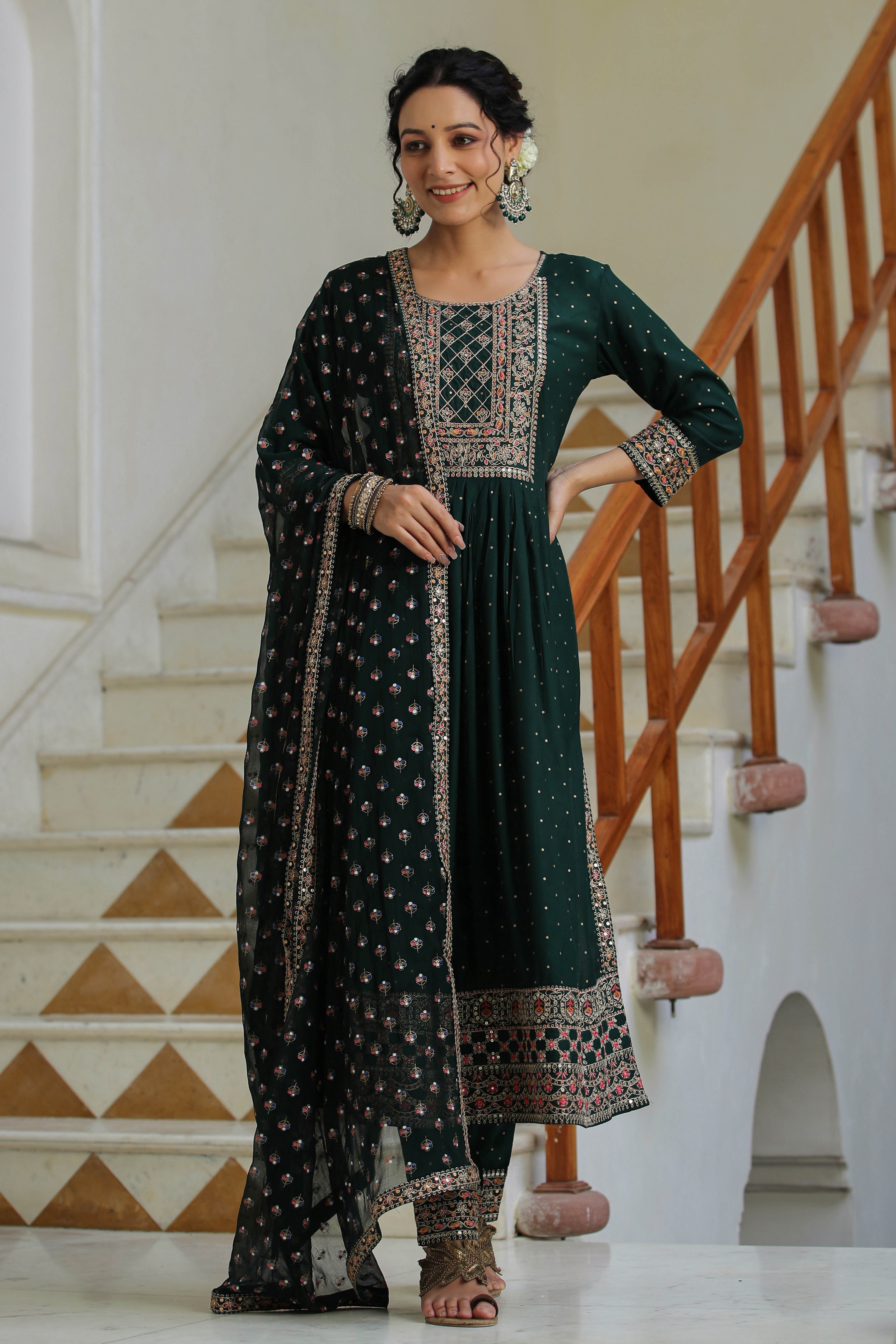 Green Embroidered Rayon Suit with Dupatta