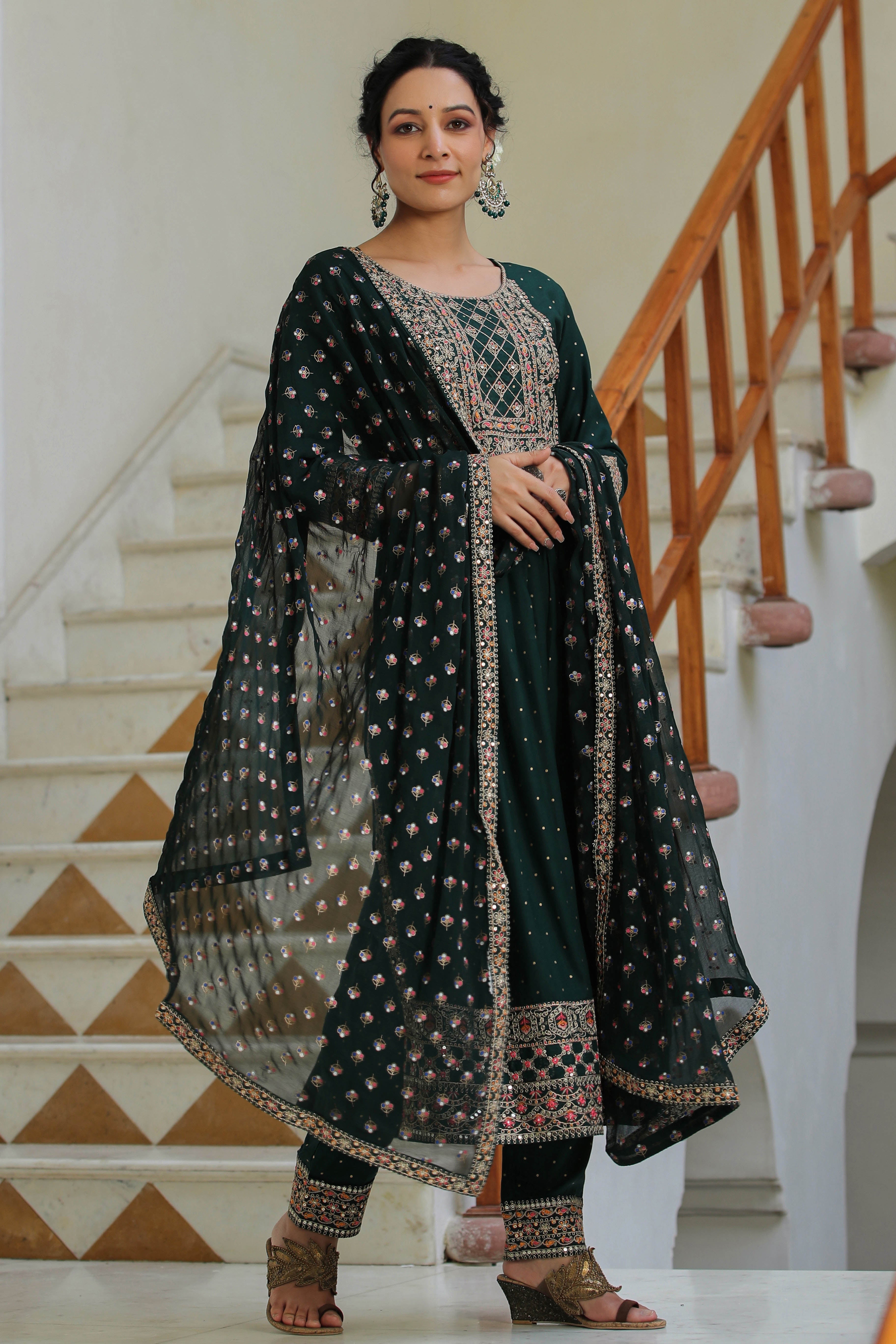 Green Embroidered Rayon Suit with Dupatta