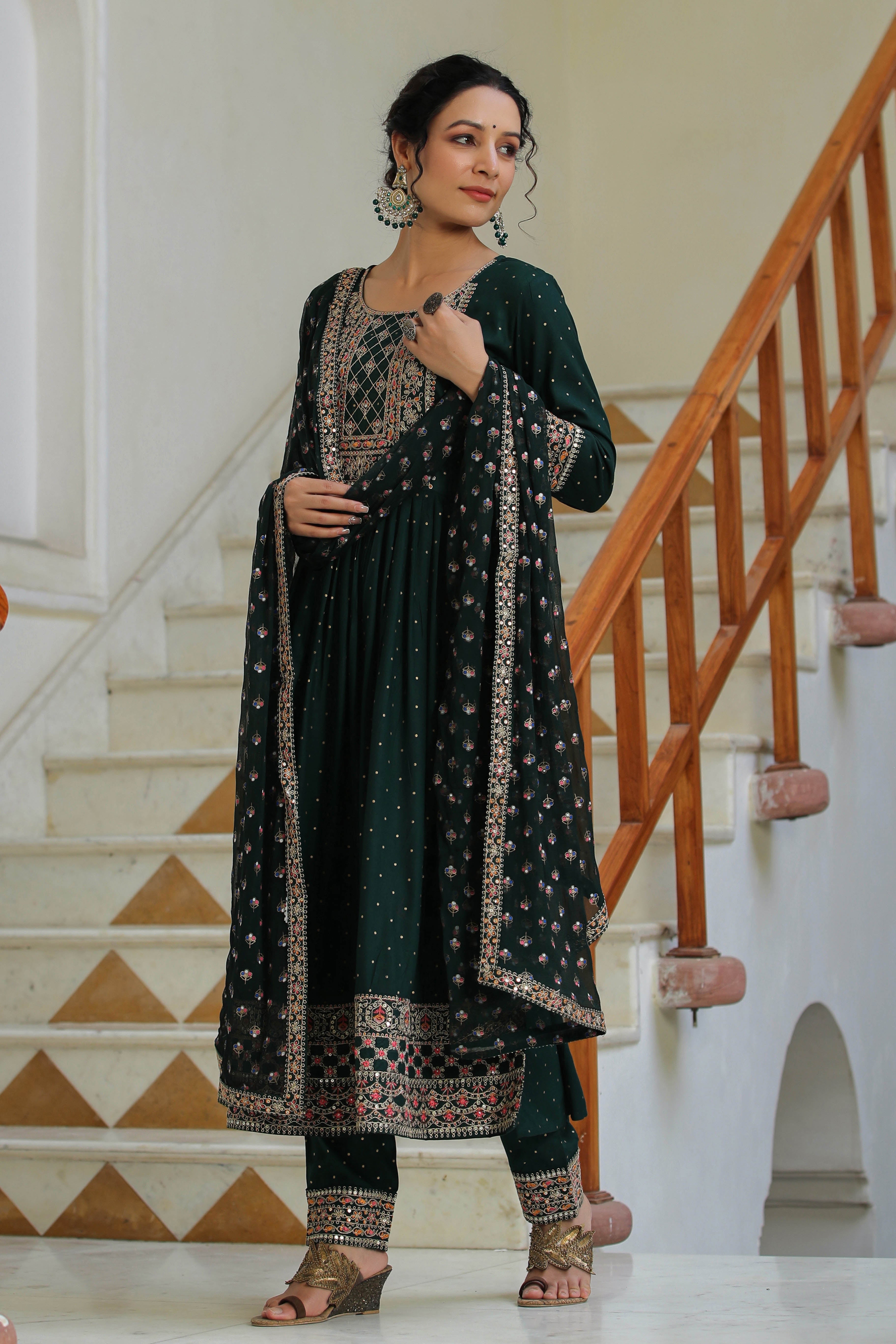 Green Embroidered Rayon Suit with Dupatta