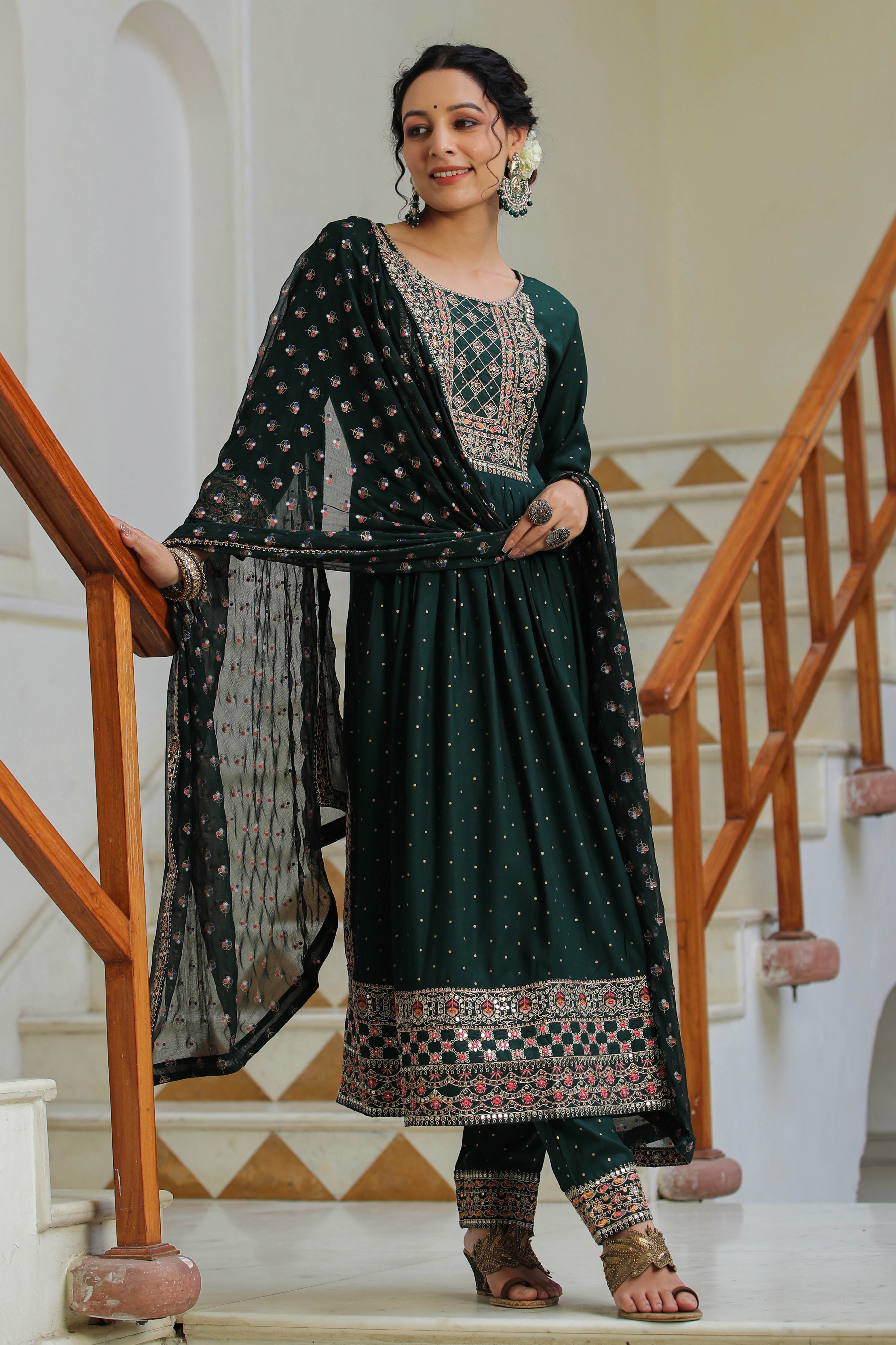 Green Embroidered Rayon Suit with Dupatta