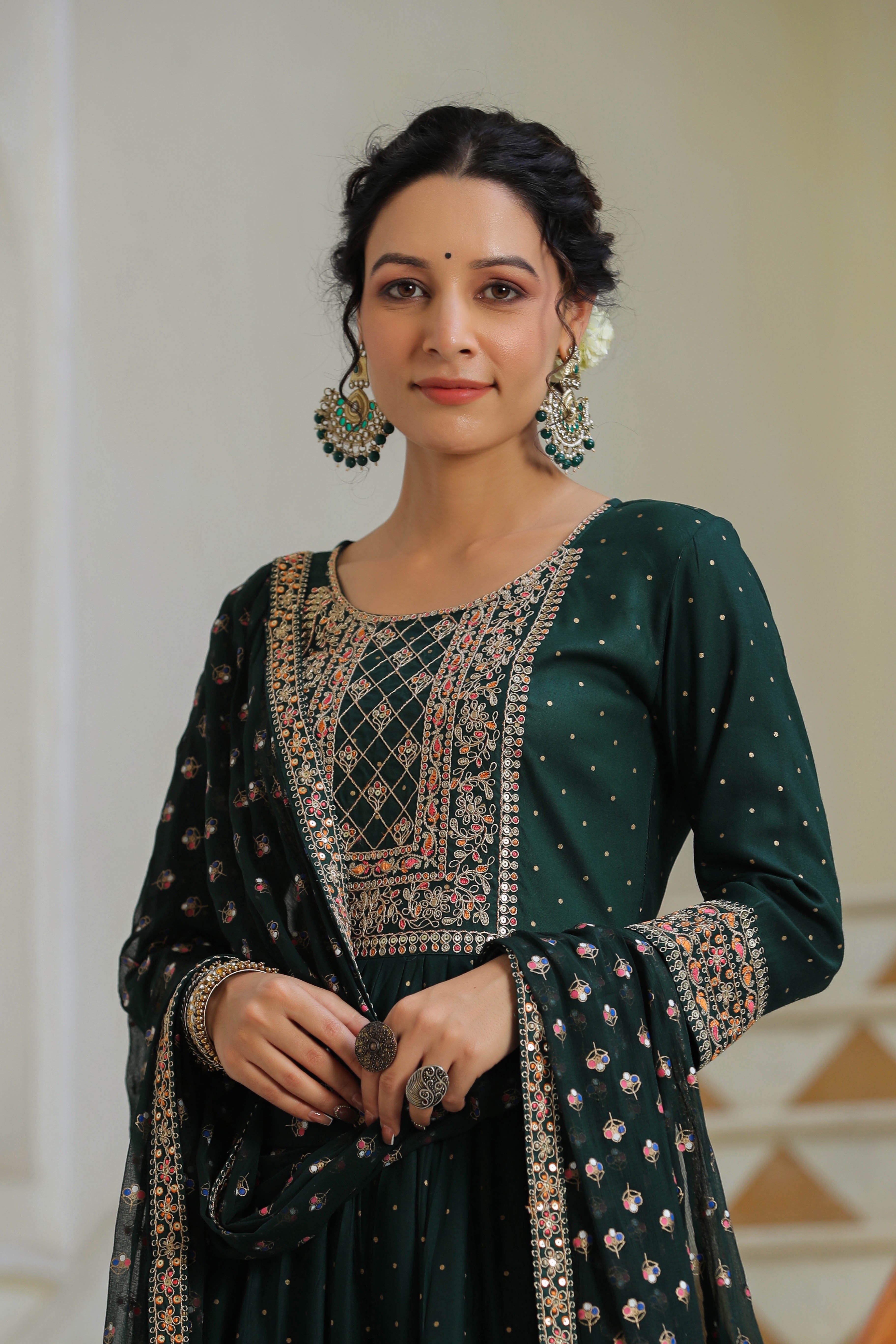 Green Embroidered Rayon Suit with Dupatta