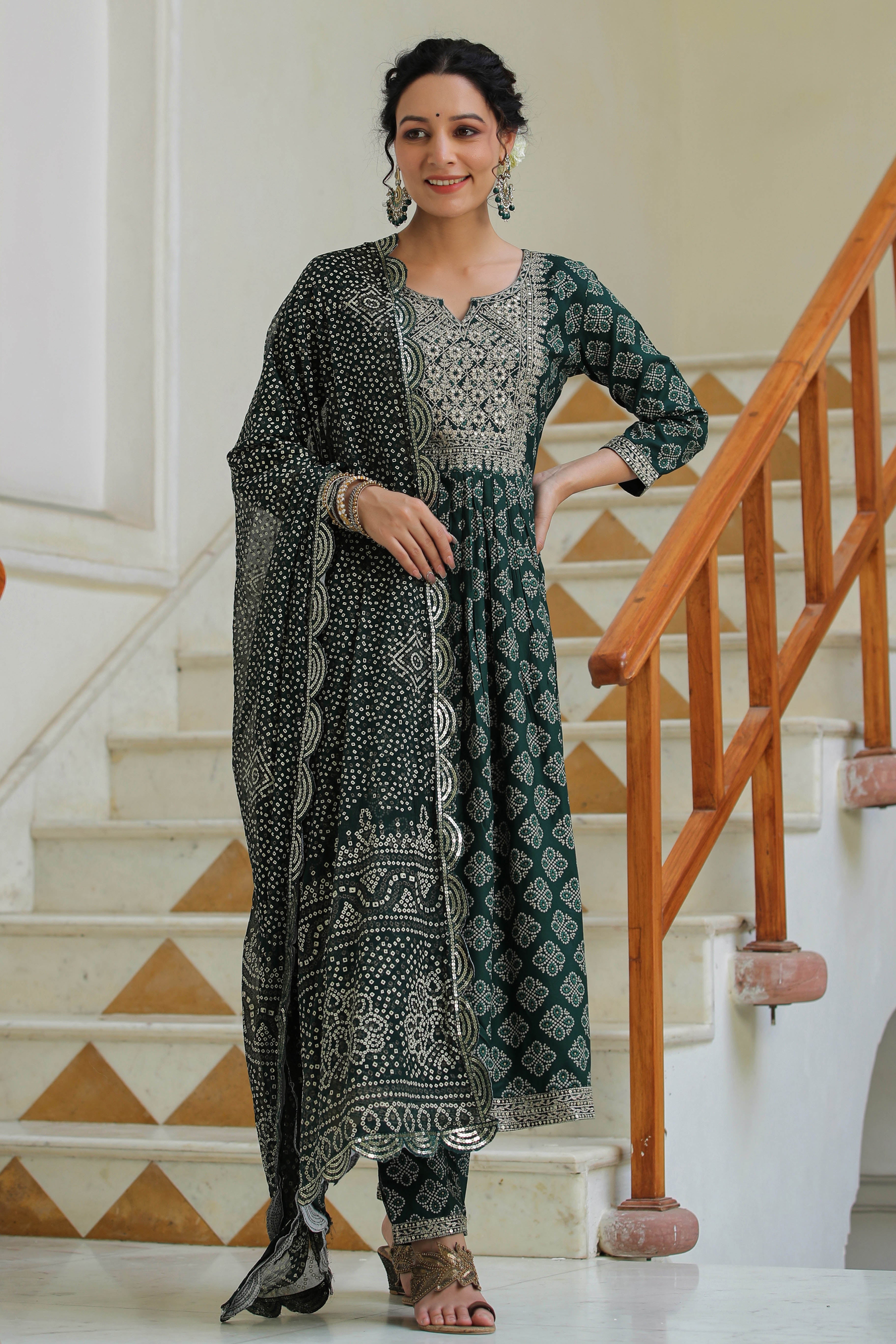 Green Embroidered Rayon Suit with Dupatta