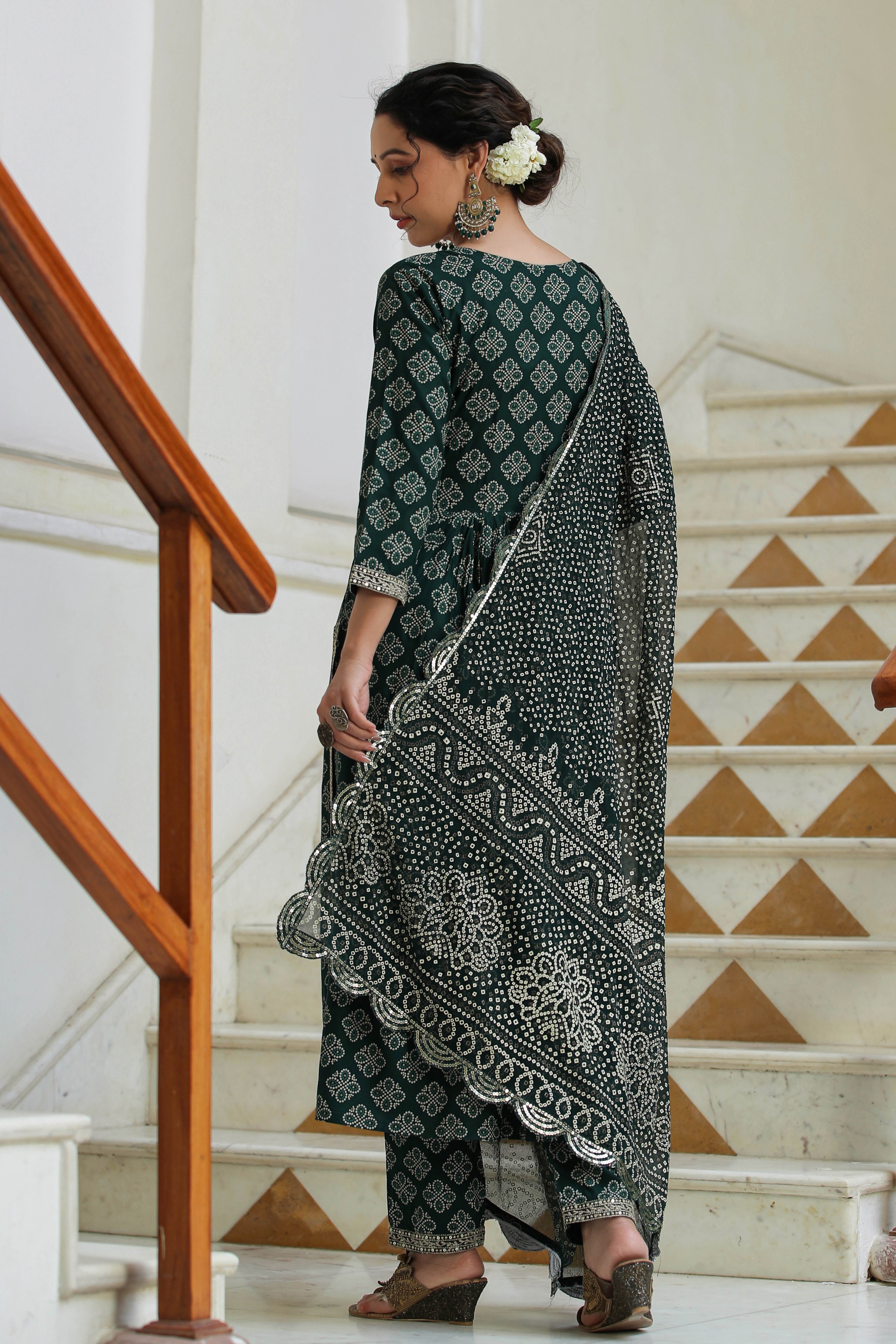 Green Embroidered Rayon Suit with Dupatta