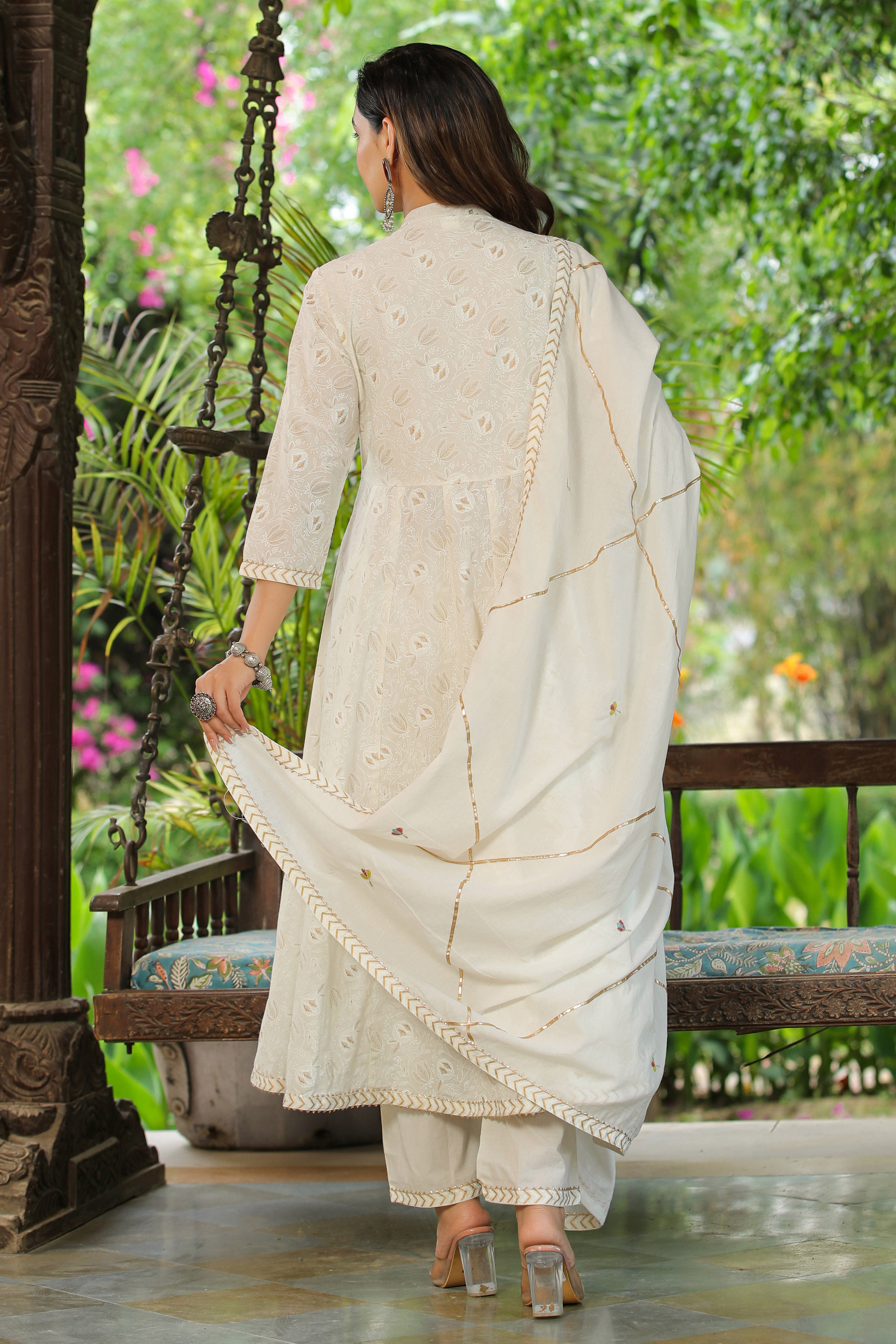 White Embroidered Cotton Suit with Dupatta