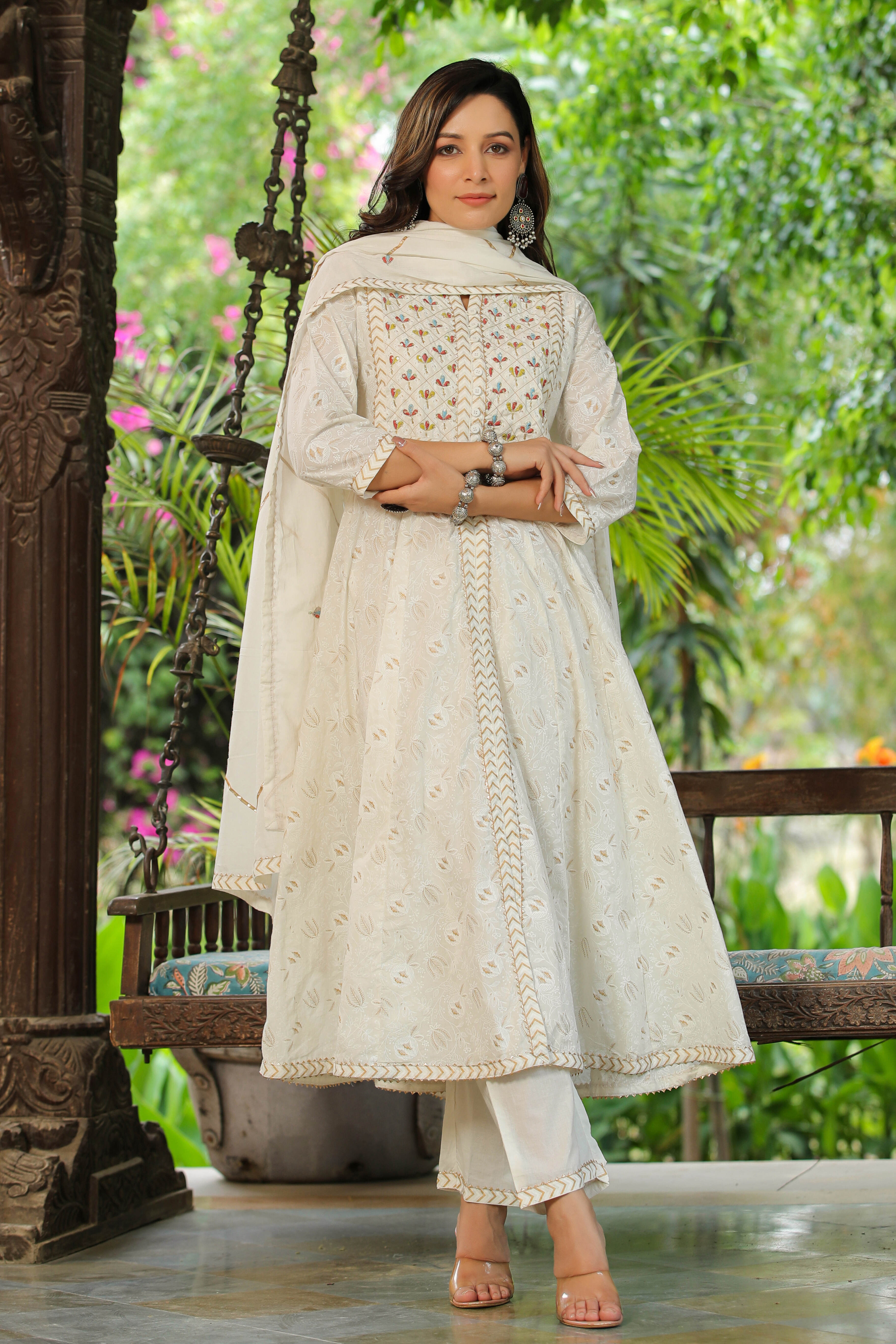 White Embroidered Cotton Suit with Dupatta