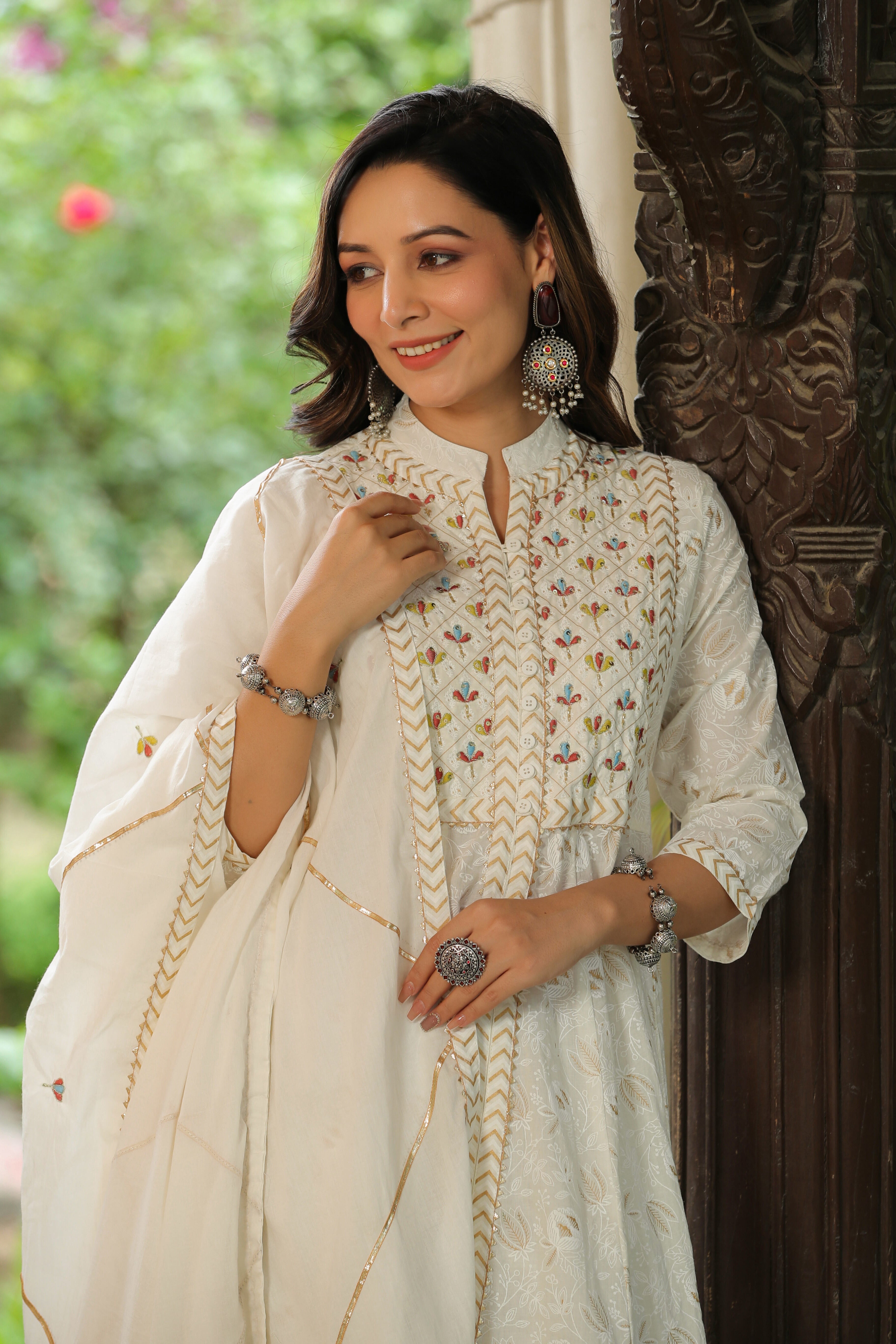 White Embroidered Cotton Suit with Dupatta