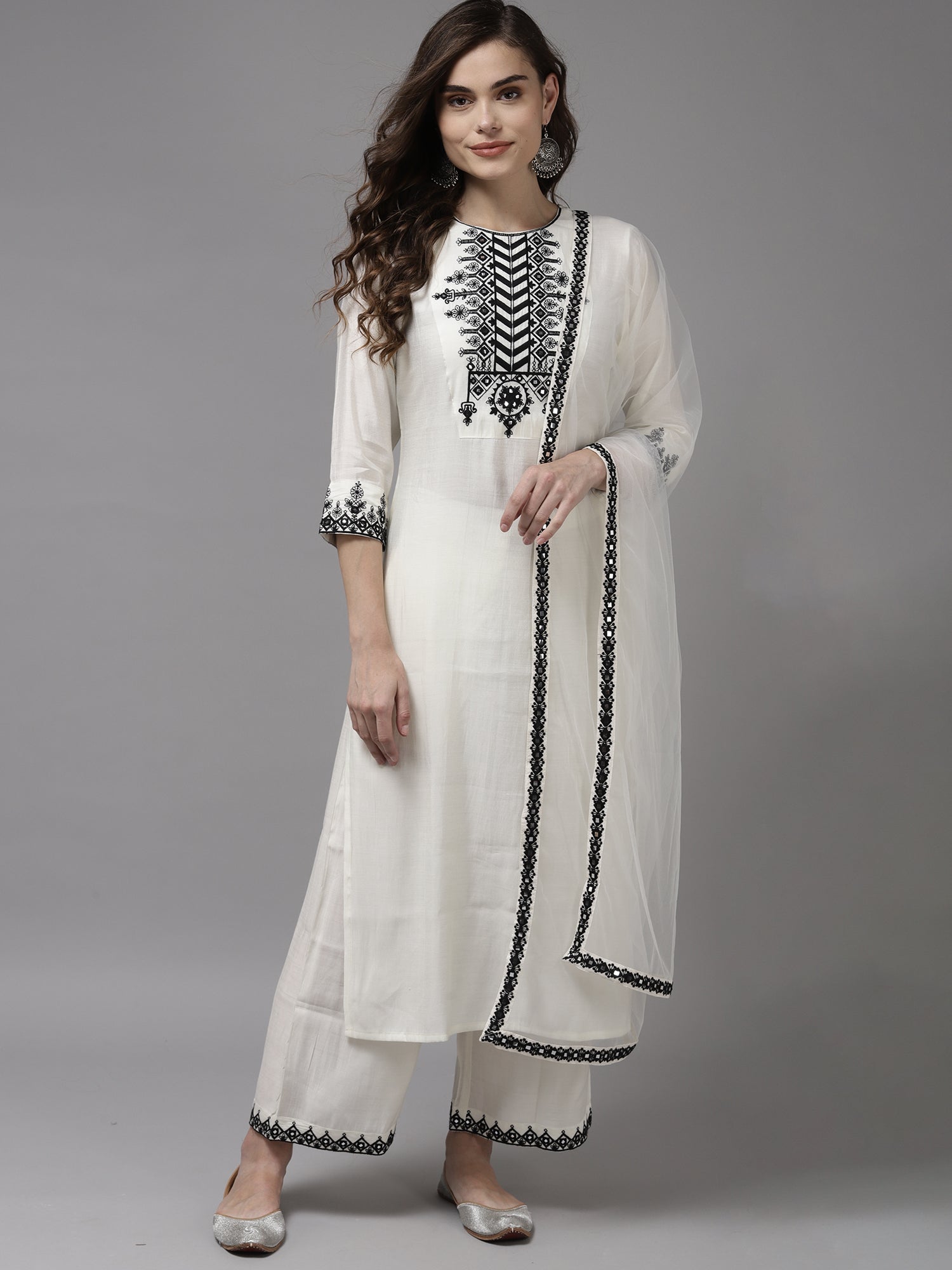 White Embroidered Straight Kurta With Palazzo With Dupatta Set