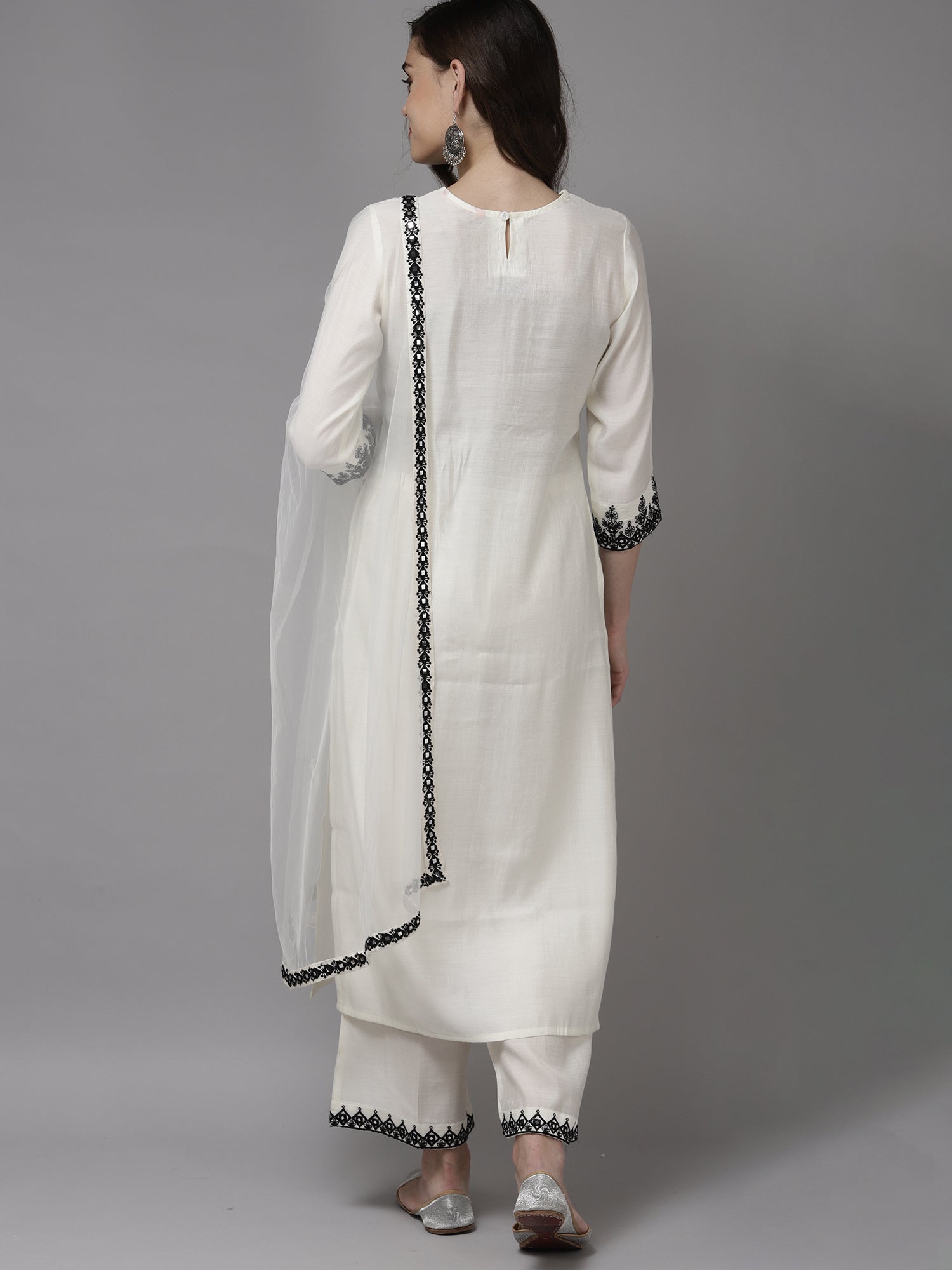 White Embroidered Straight Kurta With Palazzo With Dupatta Set