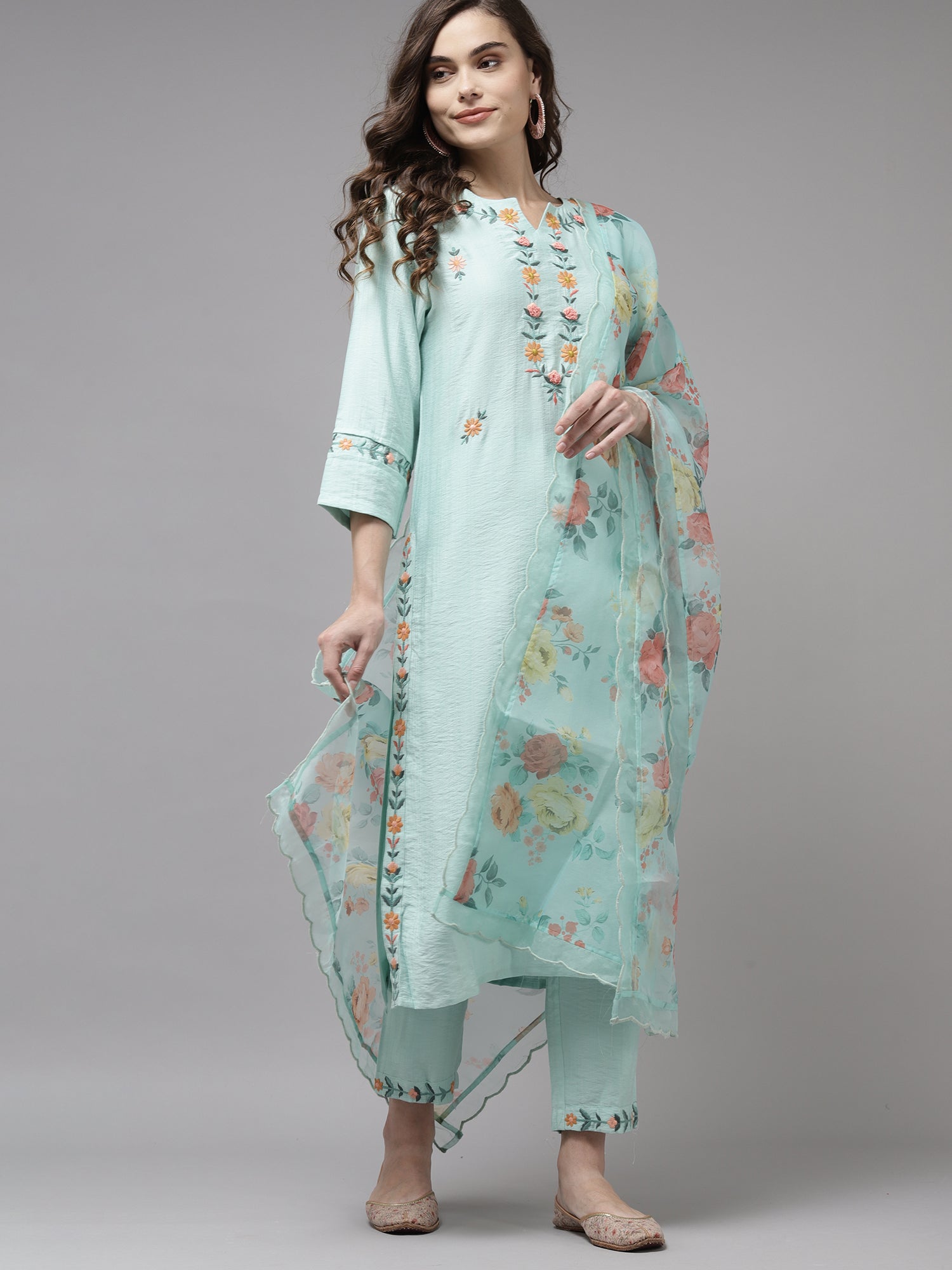 Sea Green Embroidered Straight Kurta Trouser With Dupatta Set