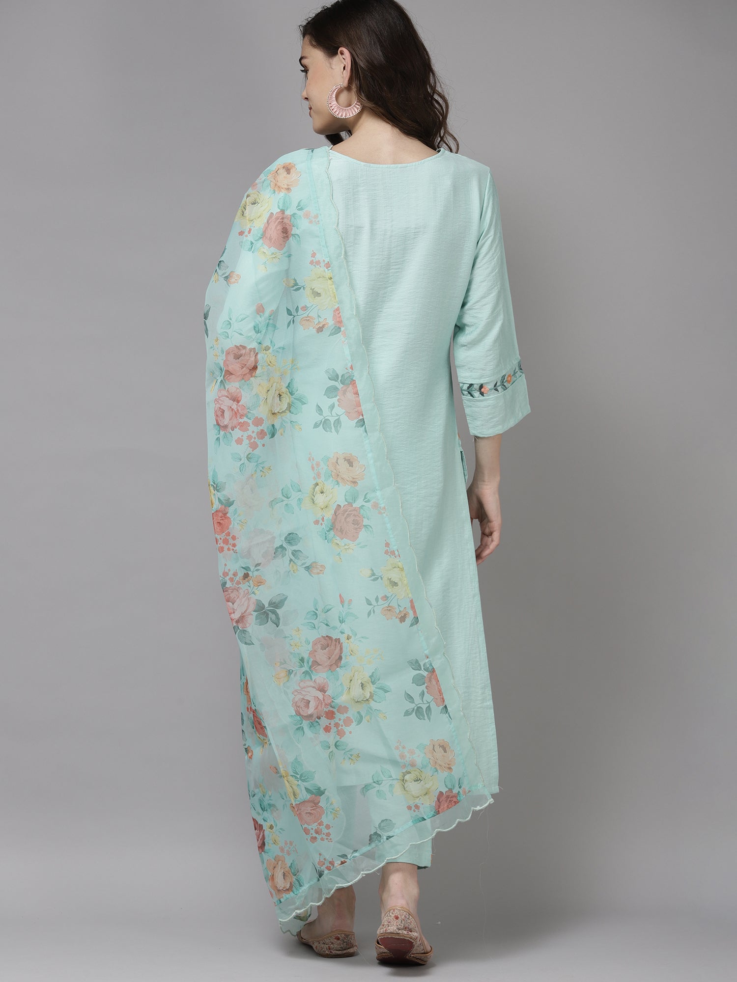 Sea Green Embroidered Straight Kurta Trouser With Dupatta Set