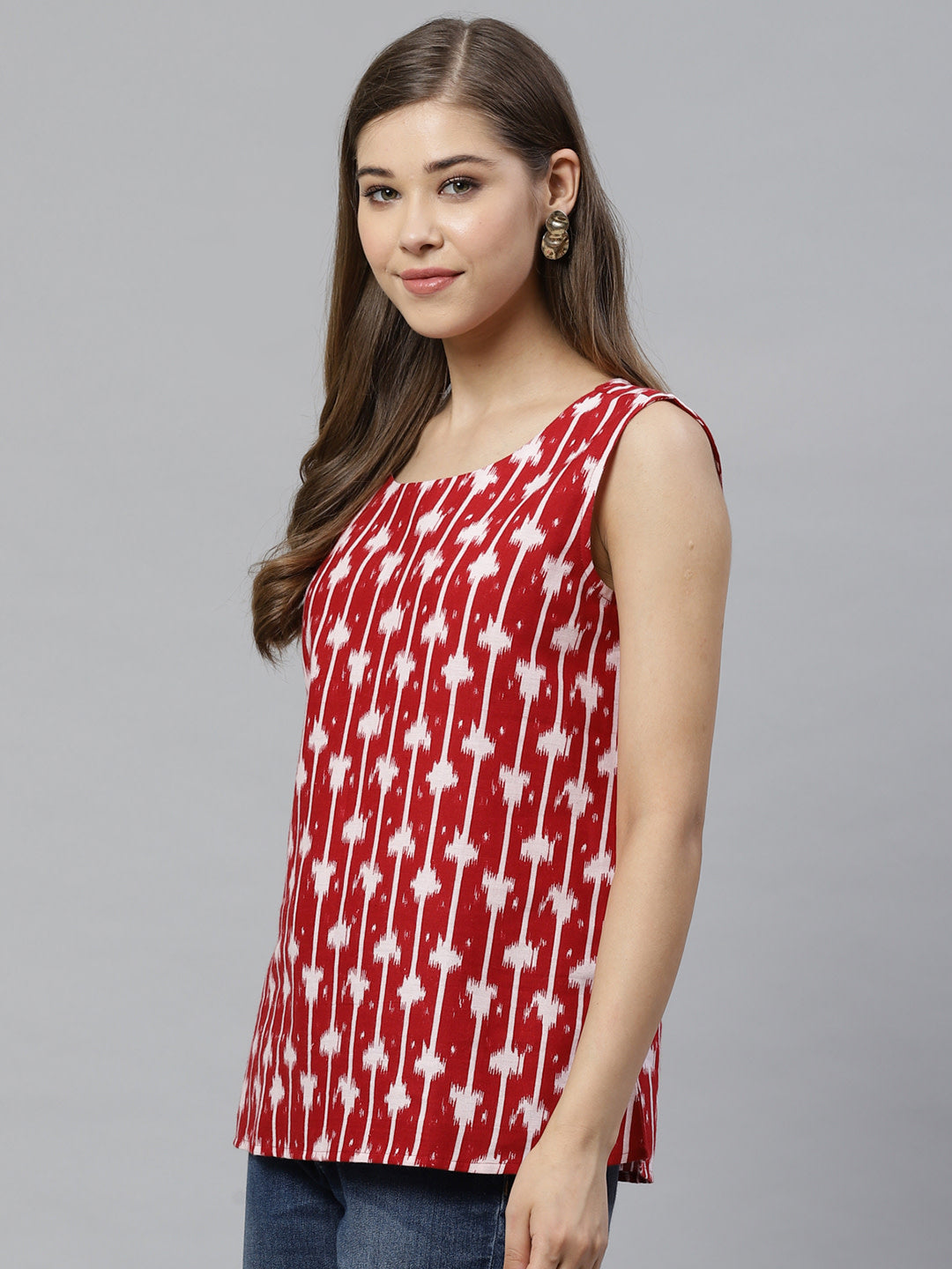 Red & White Printed Pure Cotton Top