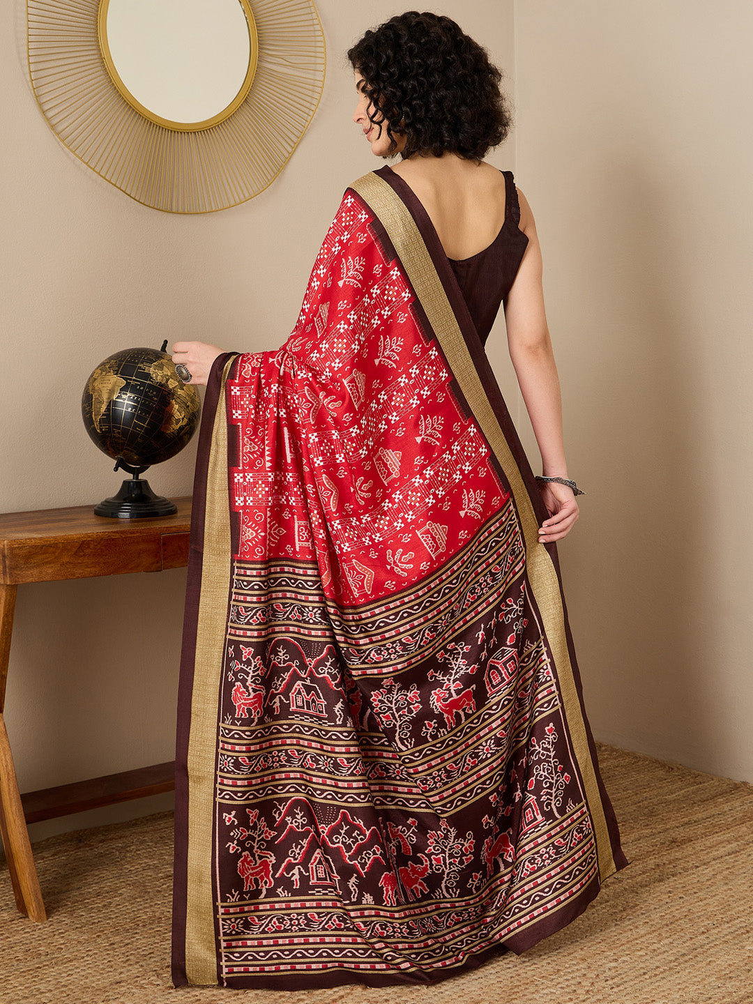 Bhagalpuri Silk Brown Printed Ready to Wear With Blouse