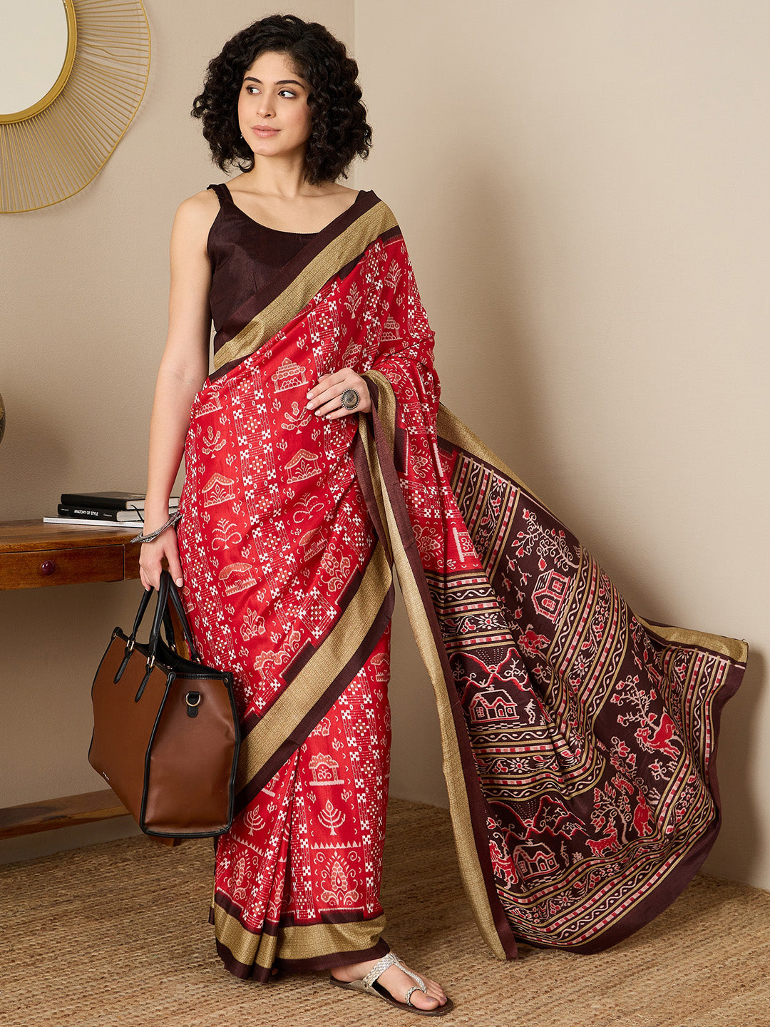 Bhagalpuri Silk Brown Printed Ready to Wear With Blouse