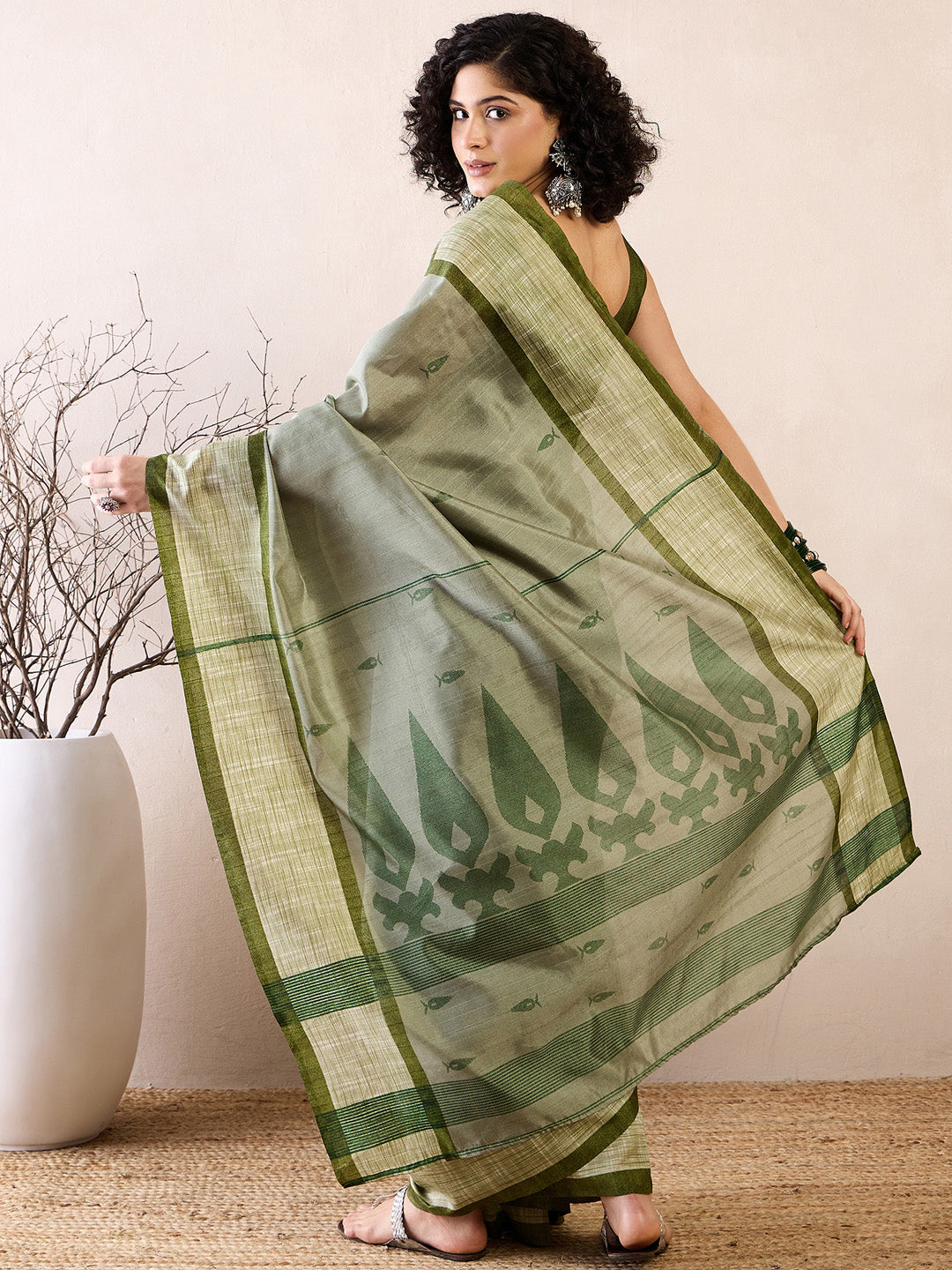 Bhagalpuri Silk Green Printed Ready to Wear With Blouse