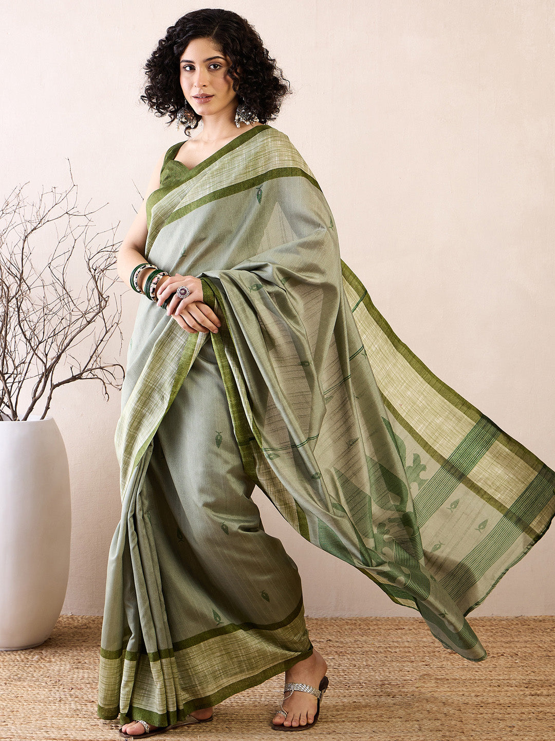 Bhagalpuri Silk Green Printed Ready to Wear With Blouse